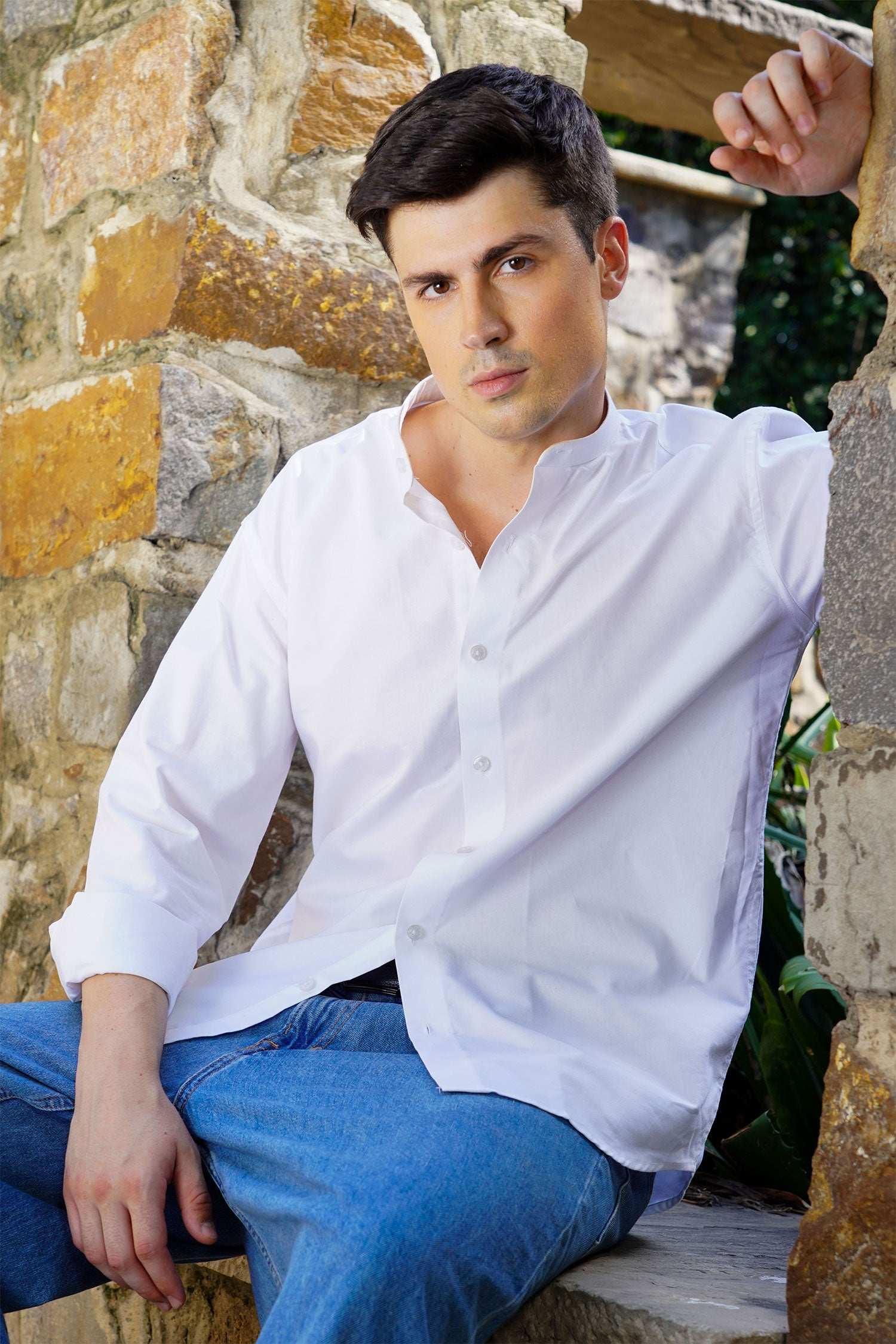 Classic White Mandarin Collar Shirt