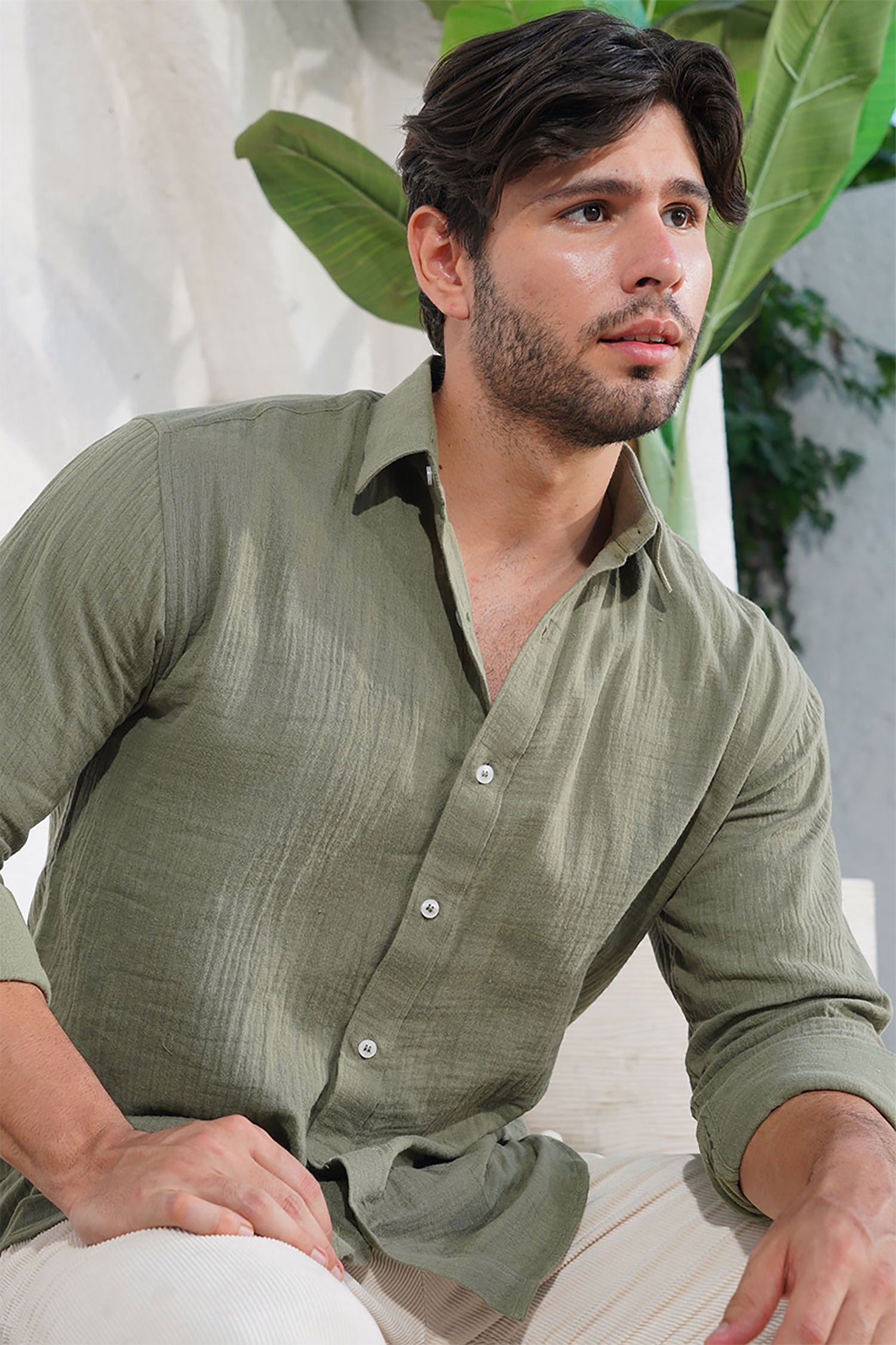 Olive Green Lightweight Gauze Button-Up