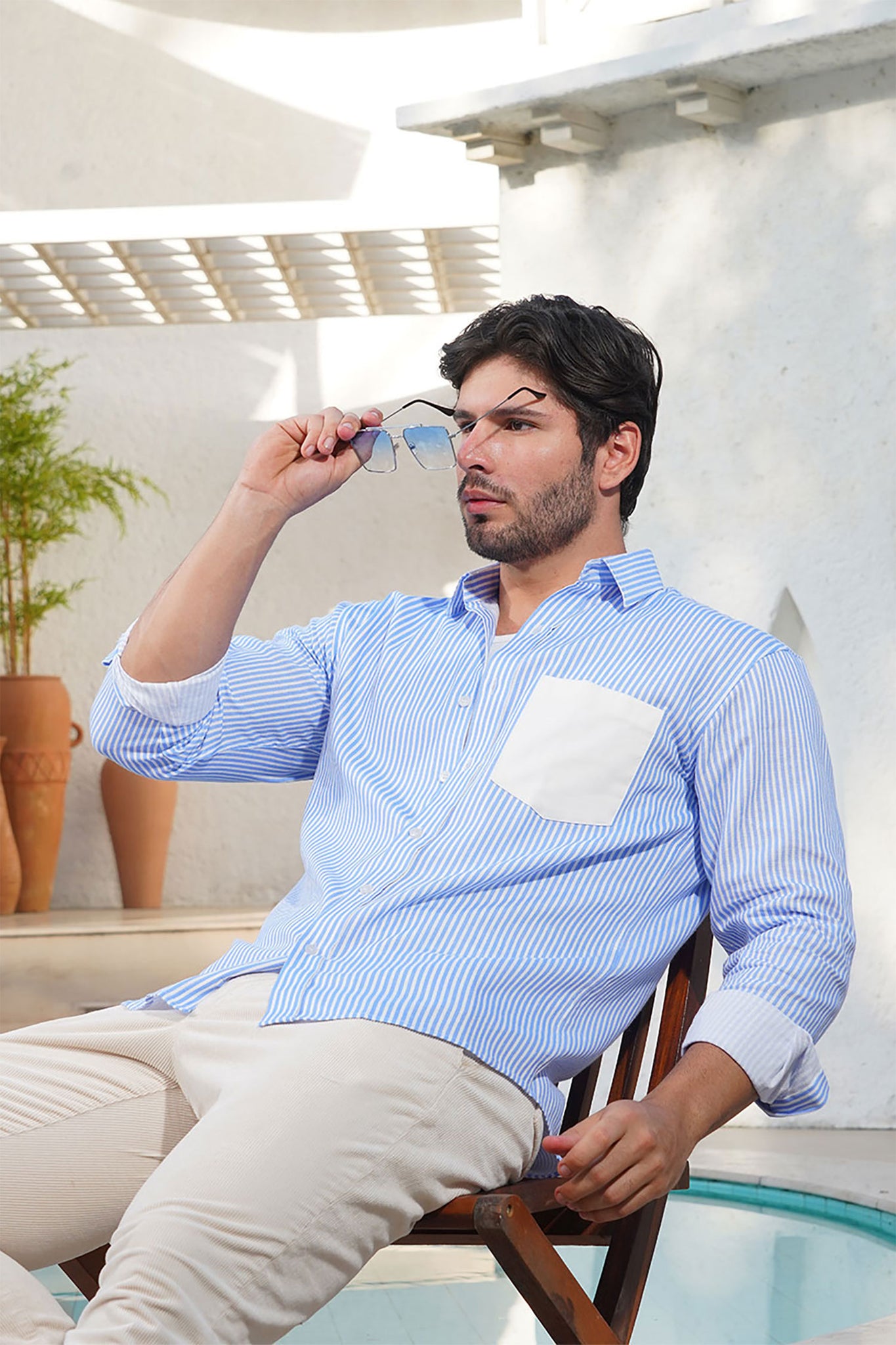 Men’s Blue & White Vertical Striped Shirt with Contrast Pocket