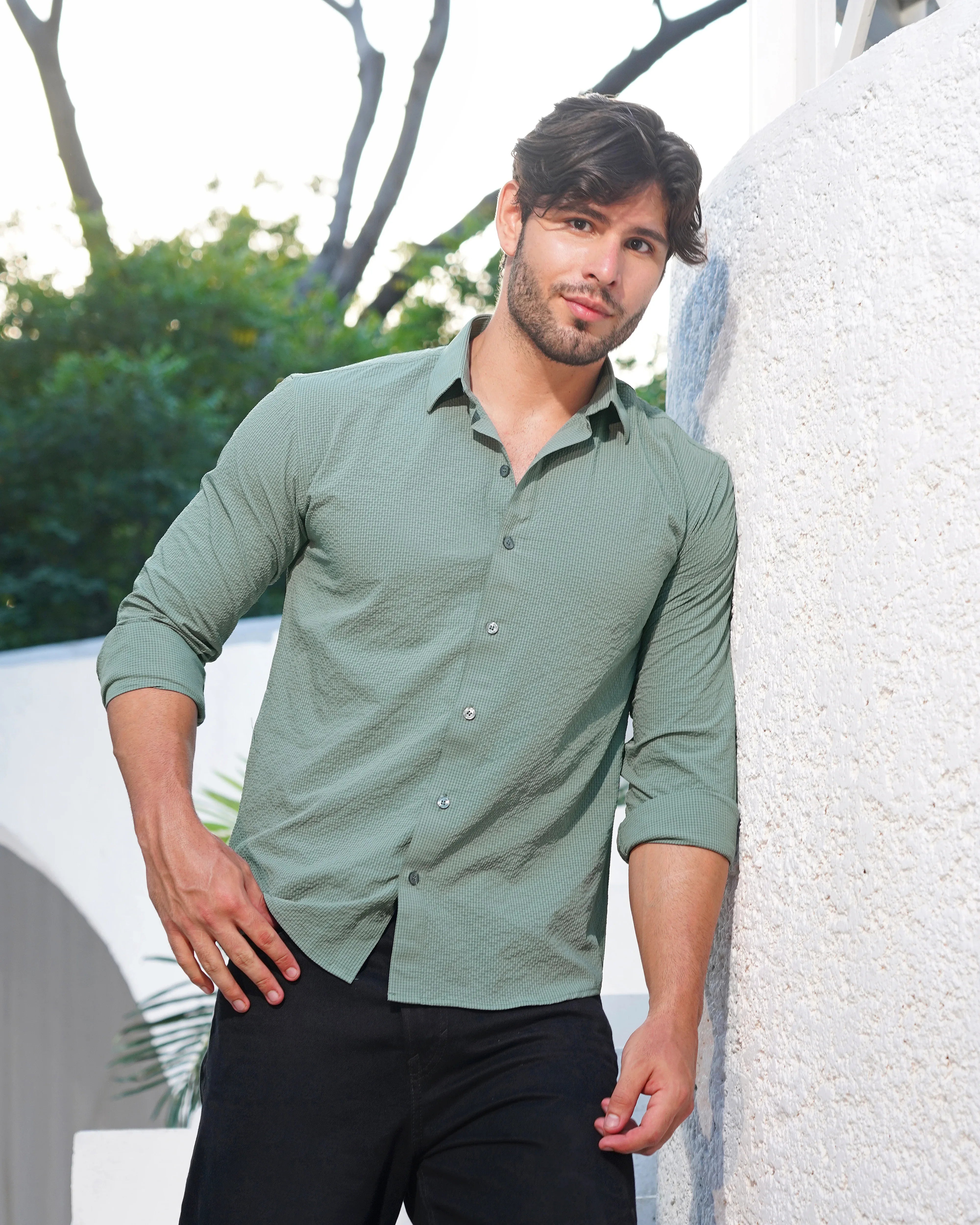 Textured Casual Shirt In Olive Green