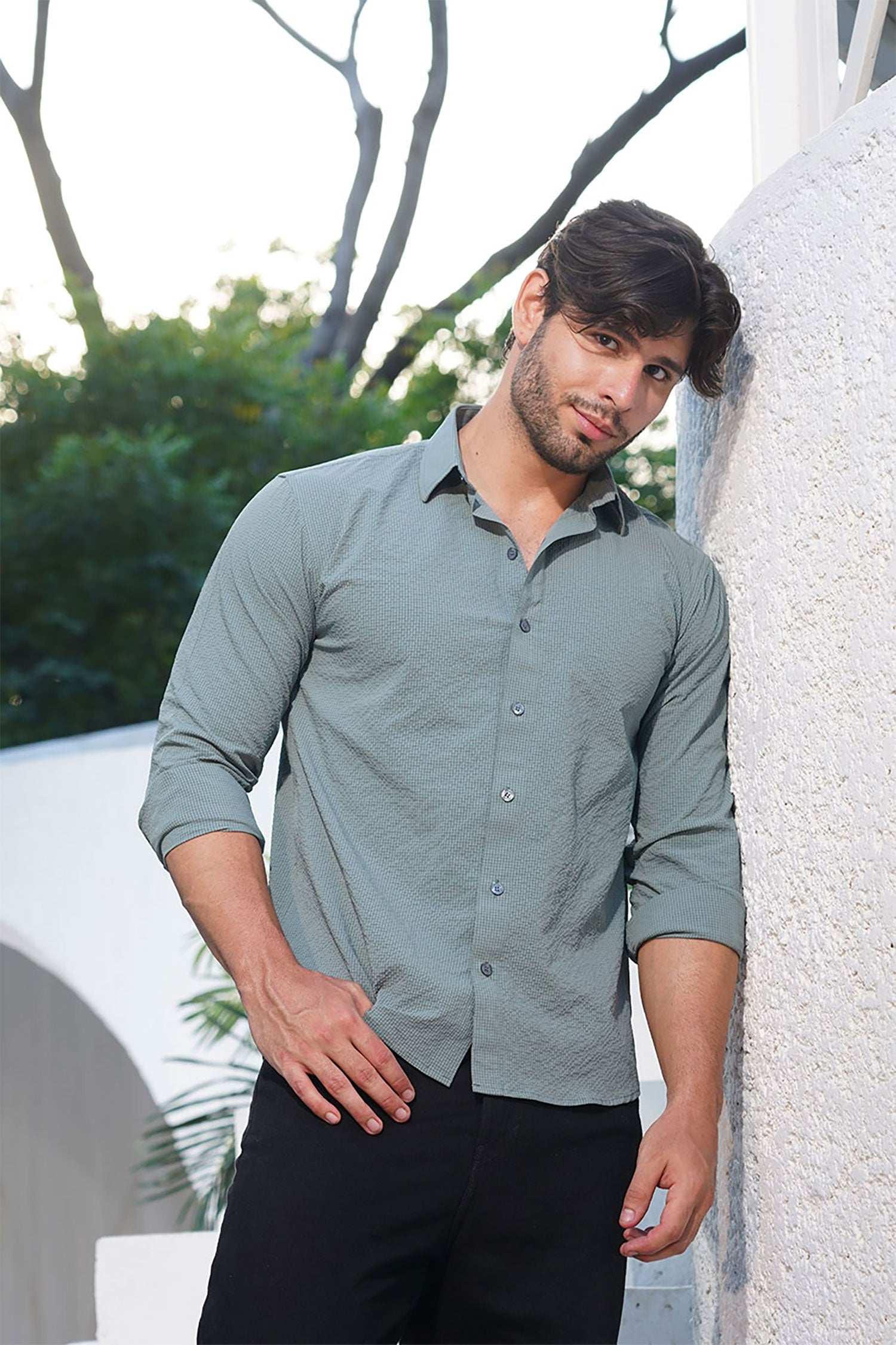 Textured Casual Shirt in Olive Green