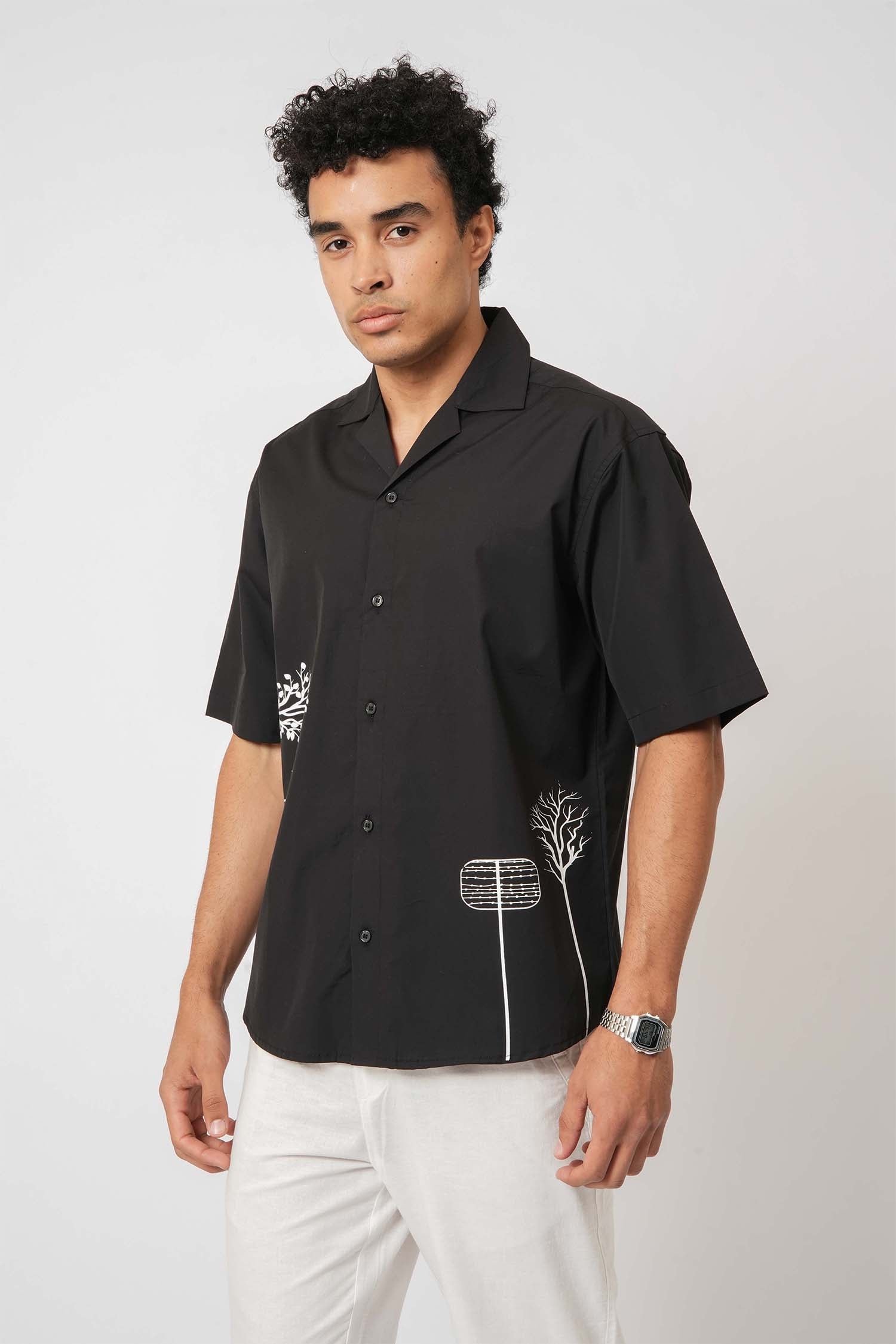 Men’s black Cuban shirt with prints – breathable cotton shirt from Hallstatt clothing store