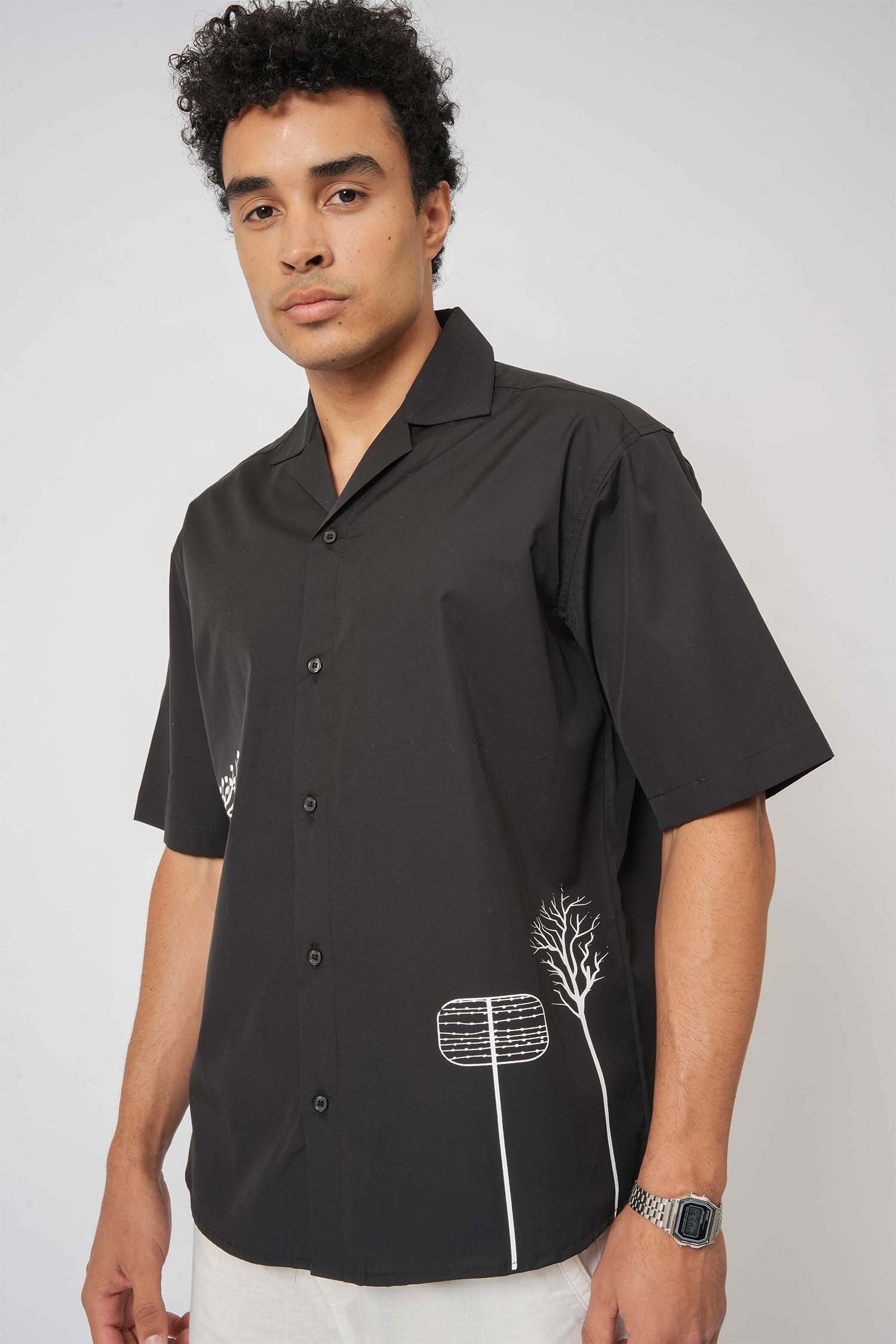 Men’s black Cuban shirt with prints – breathable cotton shirt from Hallstatt clothing store