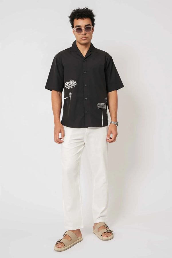 Men’s black Cuban shirt with prints breathable cotton shirt from Hallstatt clothing store