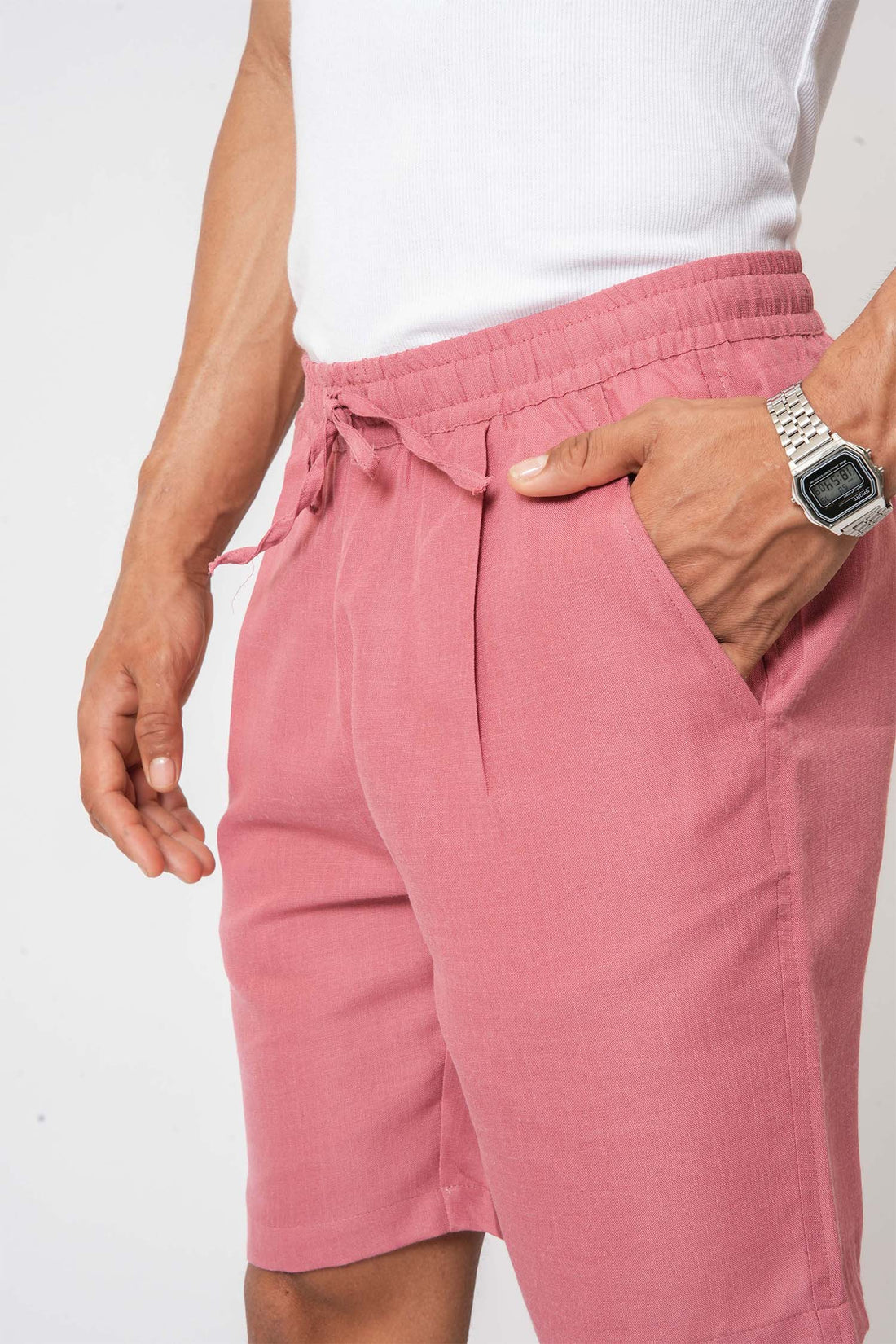 Pink linen shorts for men – casual lifestyle clothing by Hallstatt for warm weather