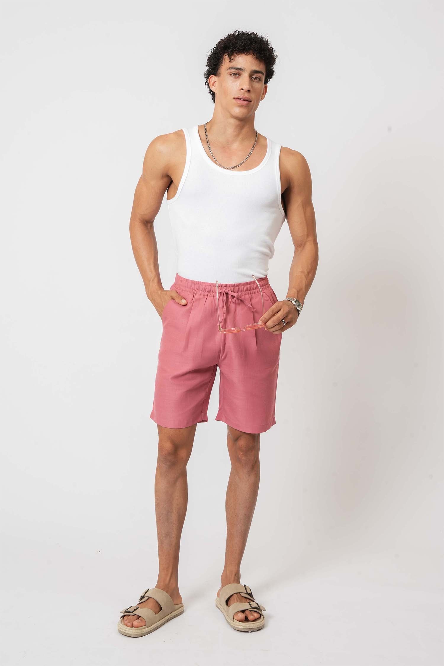 Pink linen shorts for men – casual lifestyle clothing by Hallstatt for warm weather
