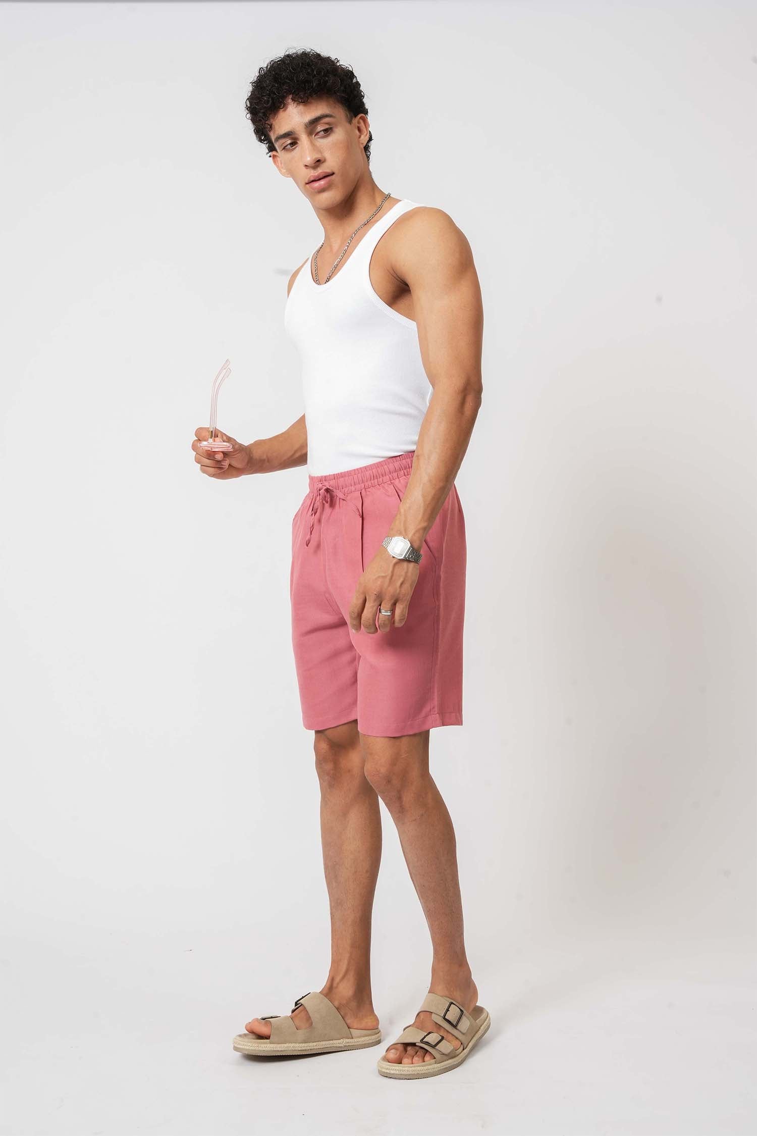 Pink linen shorts for men – casual lifestyle clothing by Hallstatt for warm weather