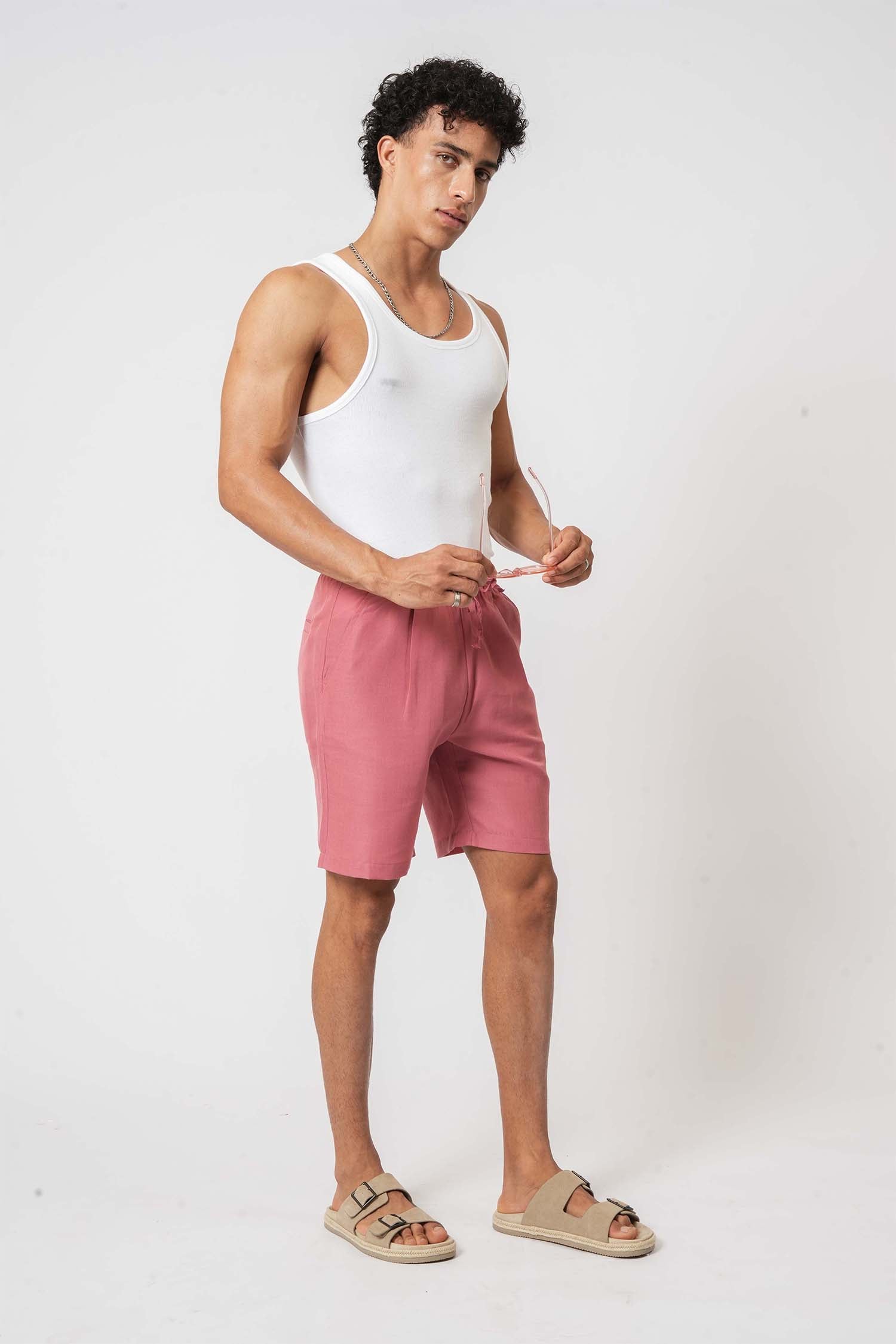 Pink linen shorts for men – casual lifestyle clothing by Hallstatt for warm weather