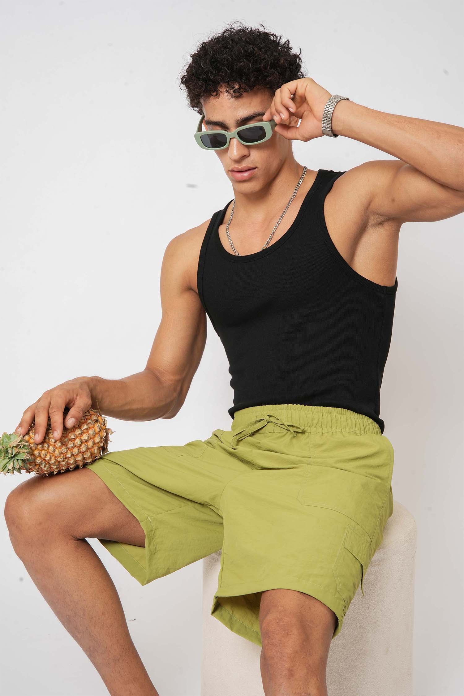 Men’s mint green nylon crush cargo shorts – lightweight and trendy summer wear by Hallstatt clothing"
