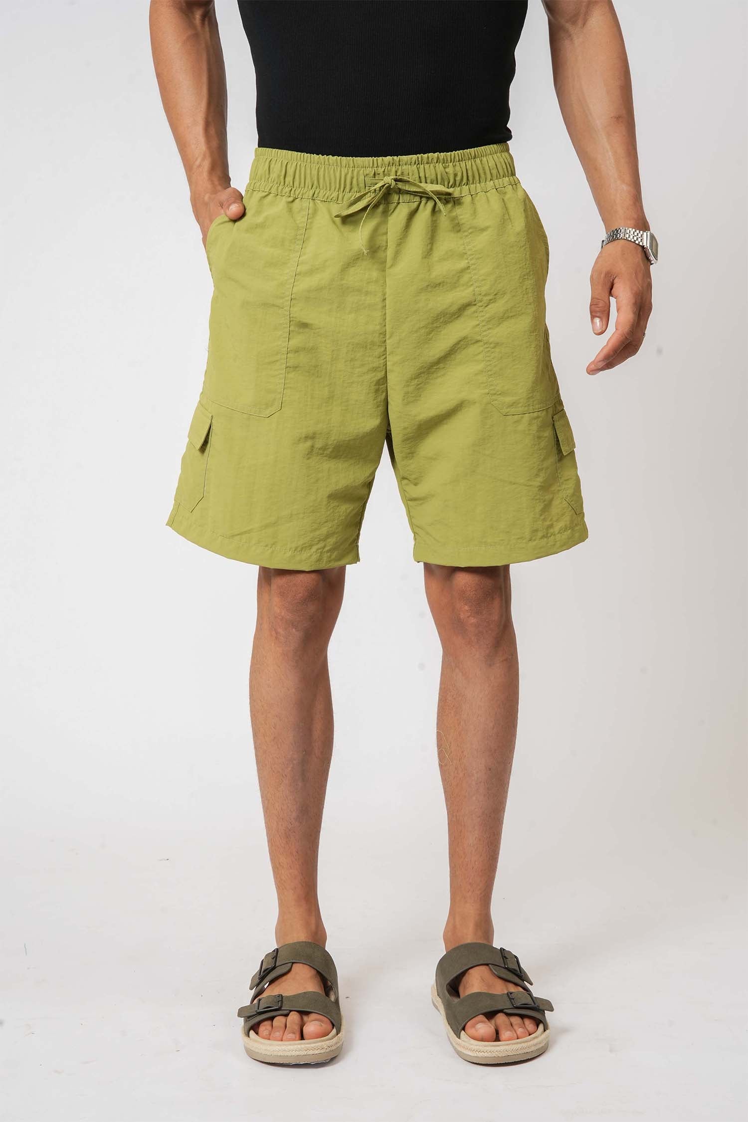Men’s mint green nylon crush cargo shorts – lightweight and trendy summer wear by Hallstatt clothing
