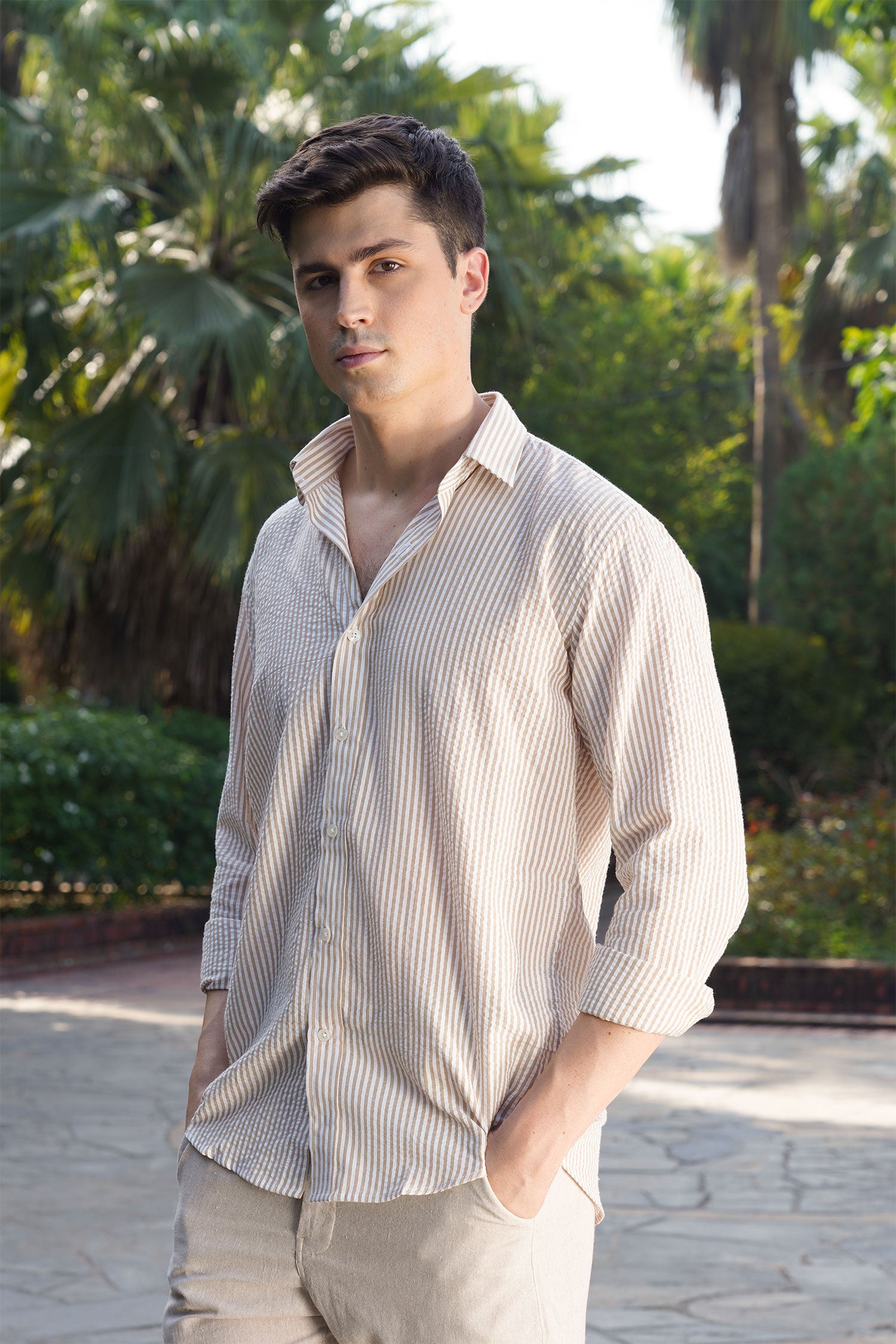 Beige Striped Cotton Linen Shirt – Effortless Coastal Charm