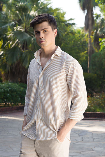Beige Striped Cotton Linen Shirt – Effortless Coastal Charm