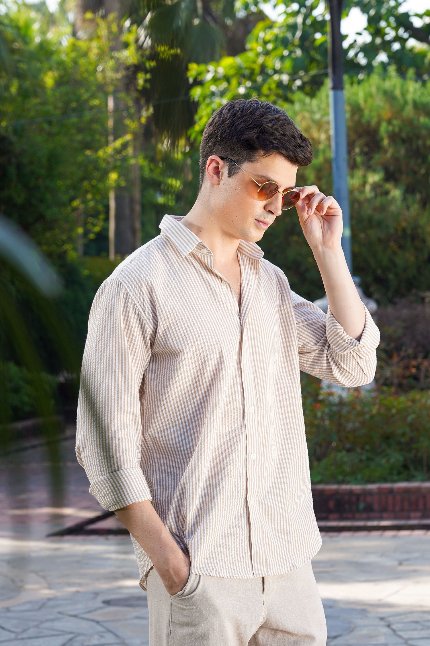 Beige Striped Cotton Linen Shirt – Effortless Coastal Charm