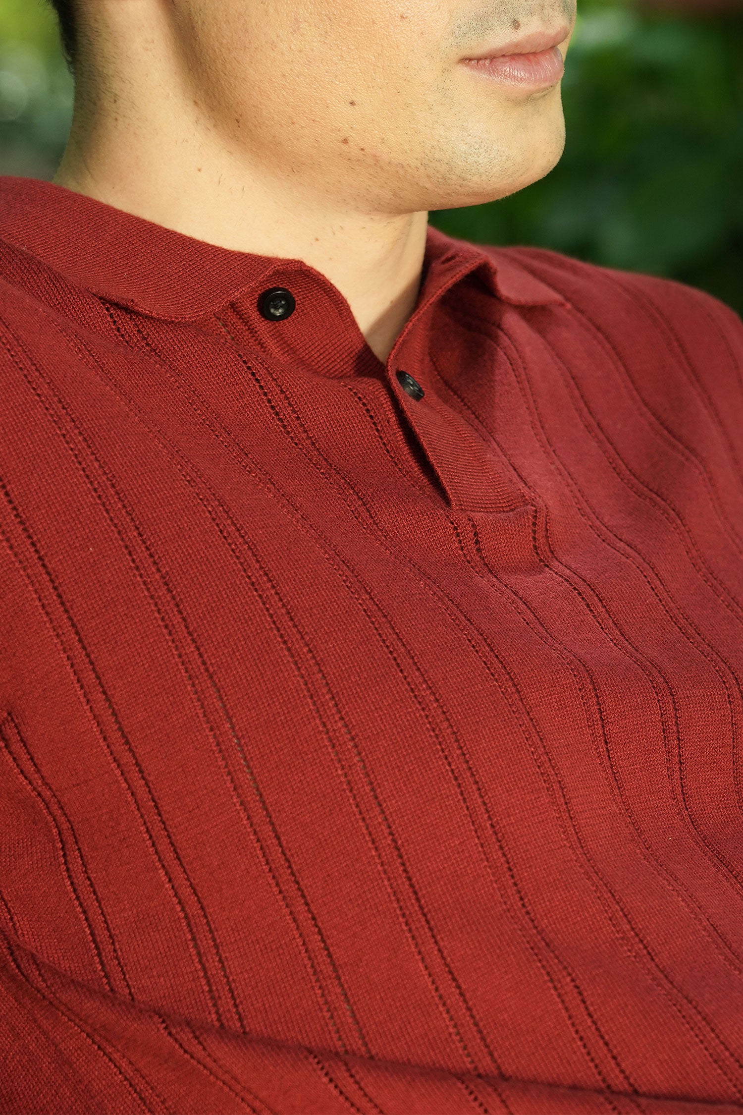 Brick Red Ribbed Knit Polo Shirt