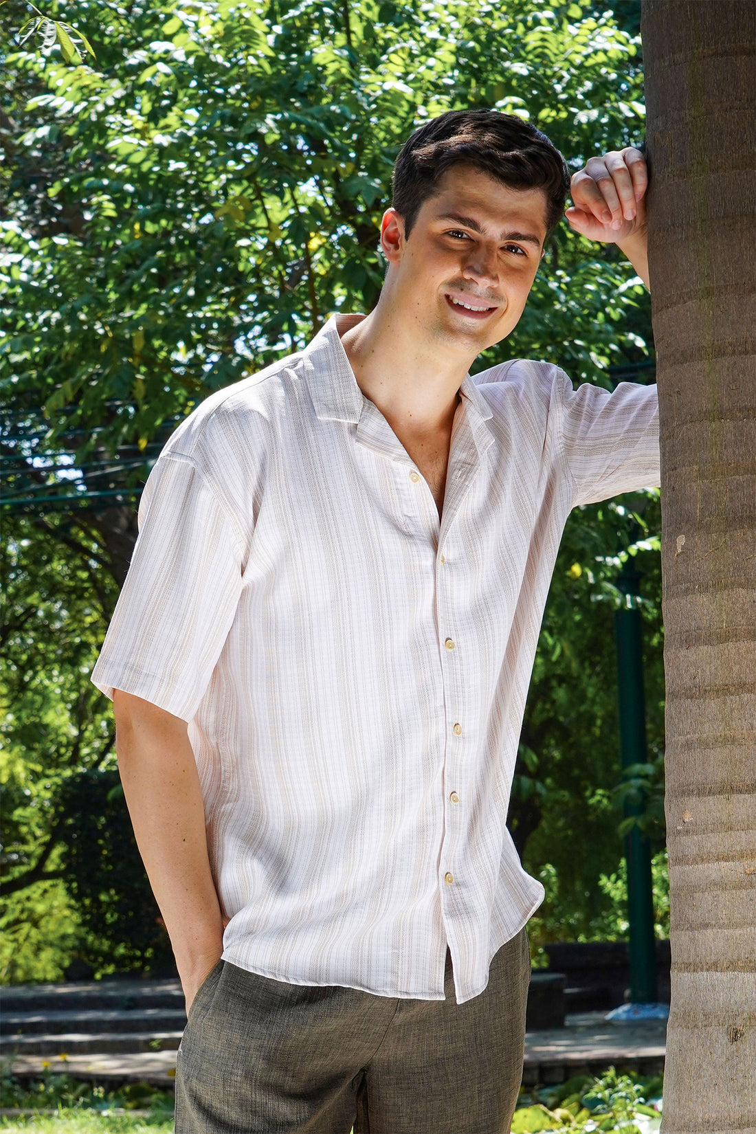 Men's Beige Stripe Drop Shoulder Shirt