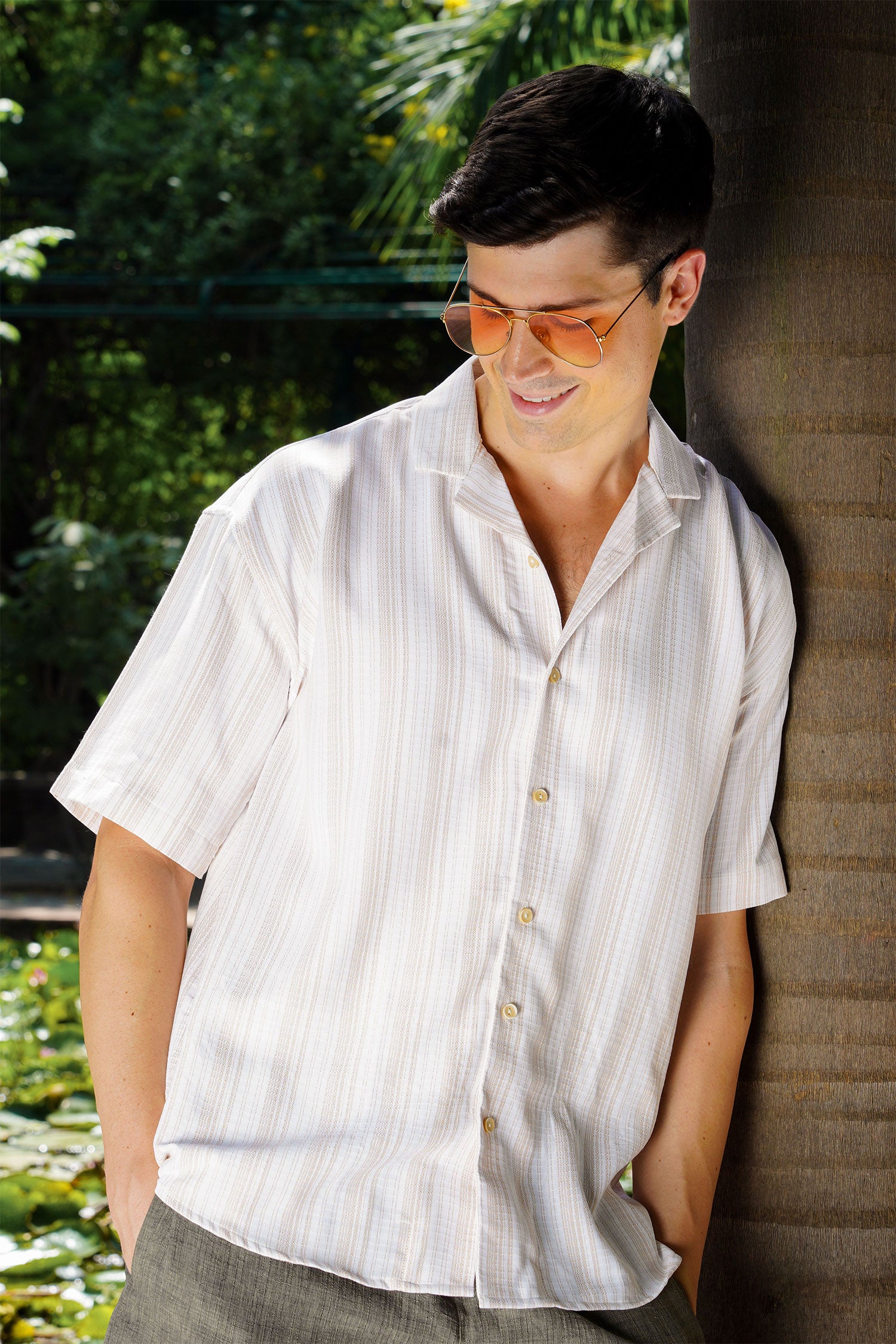 Men's Beige Stripe Drop Shoulder Shirt