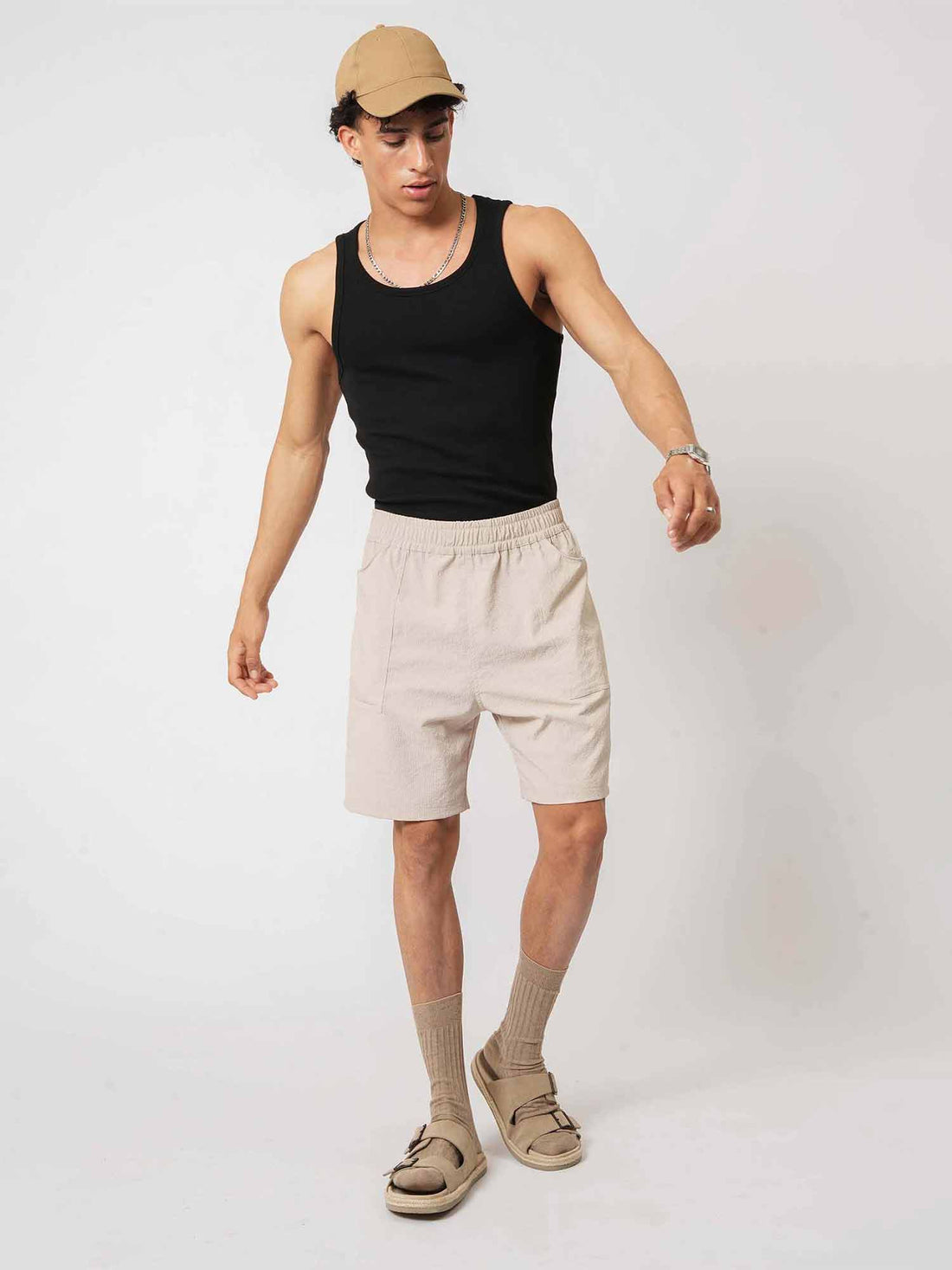 Beige Nylon Cargo Shorts