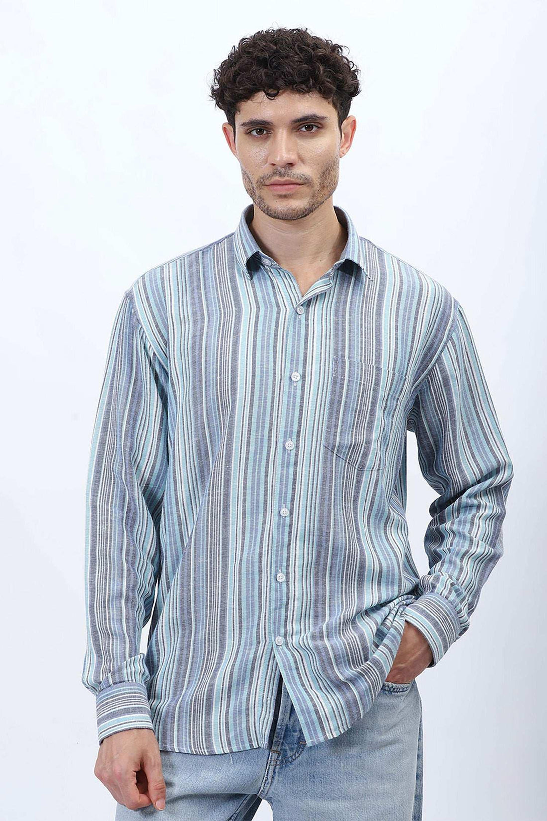 Sky Gray Multi-Stripe Linen Shirt