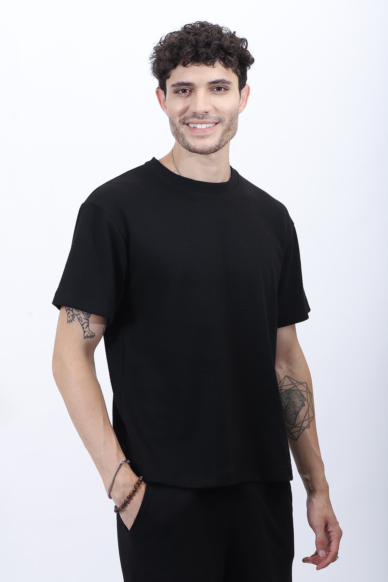 Black Textured Relaxed-Fit Co-Ord Set