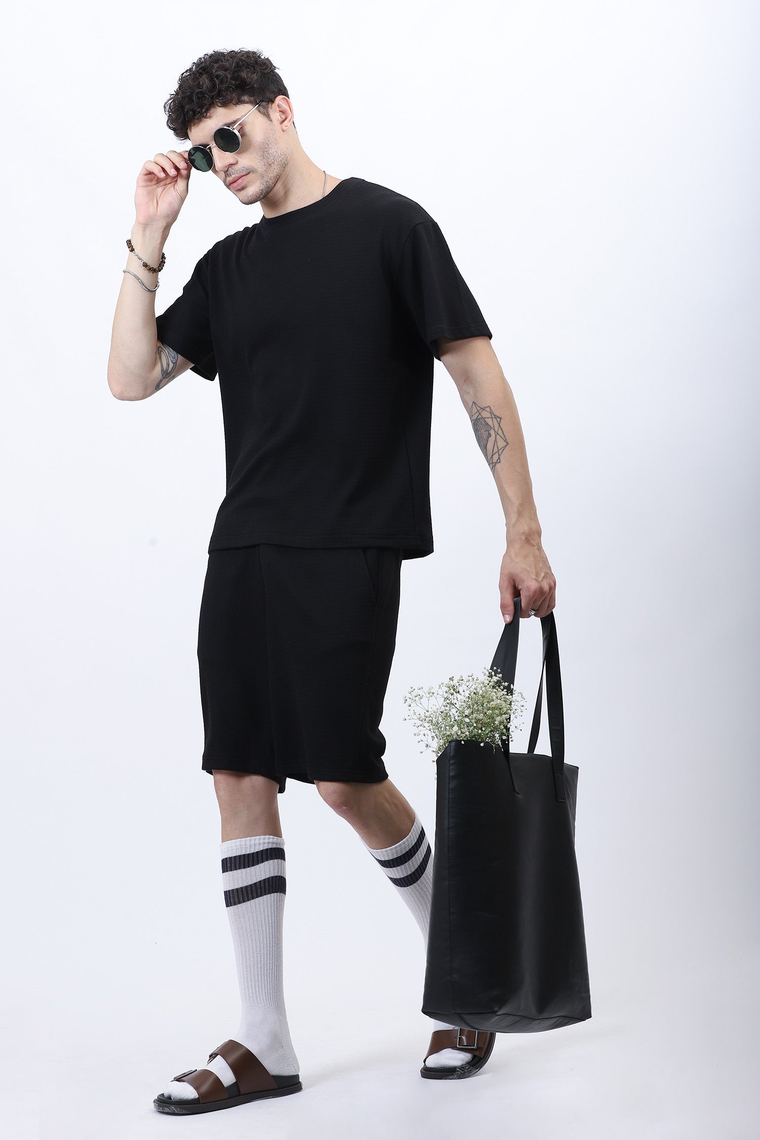 Black Textured Relaxed-Fit Co-Ord Set