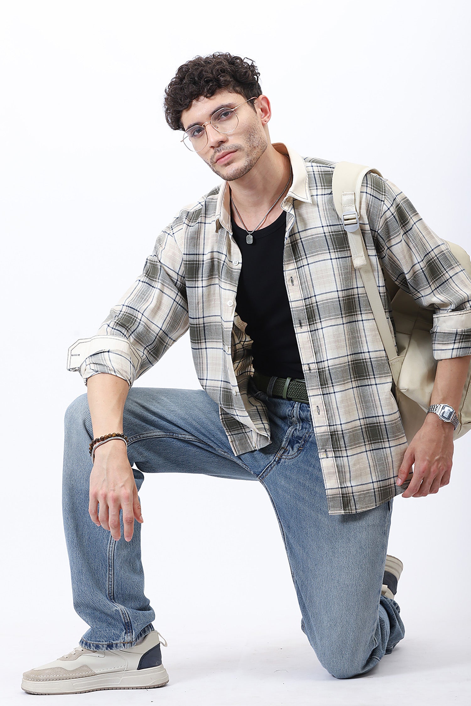 Retro Grove: Contrast Collar Check Shirt