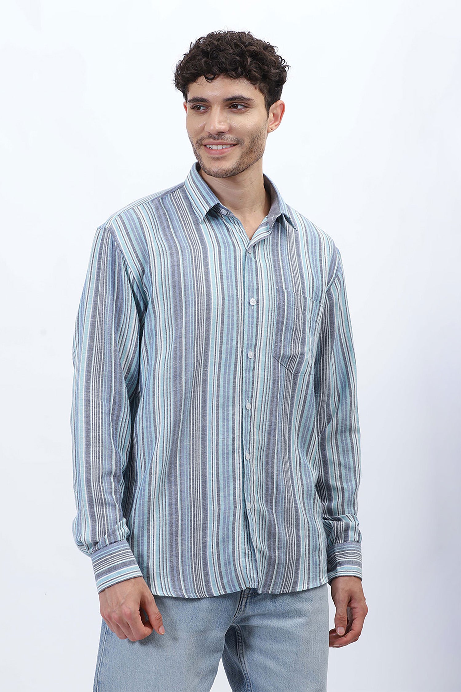 Sky Gray Multi-Stripe Linen Shirt