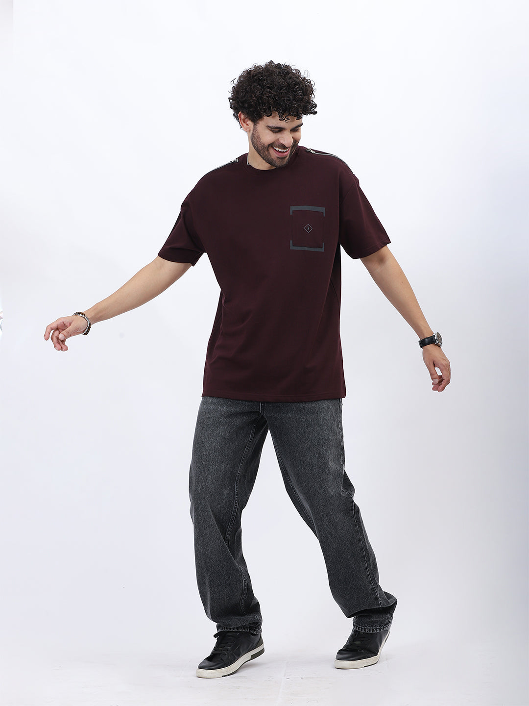 Premium Loop Knit T-Shirt in Maroon with Modern Chest Print