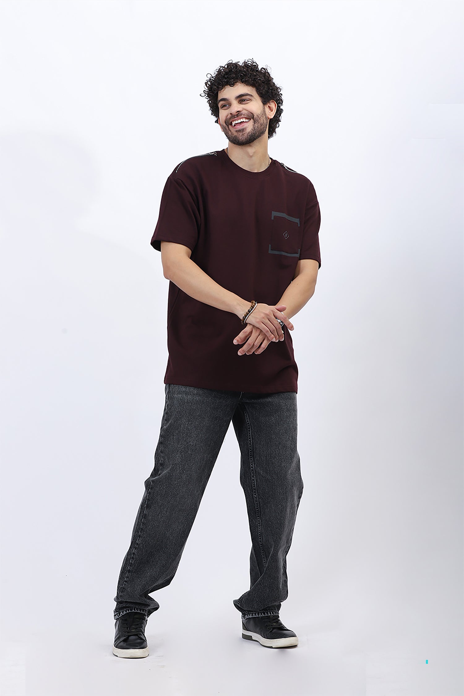 Premium Loop Knit T-Shirt in Maroon with Modern Chest Print