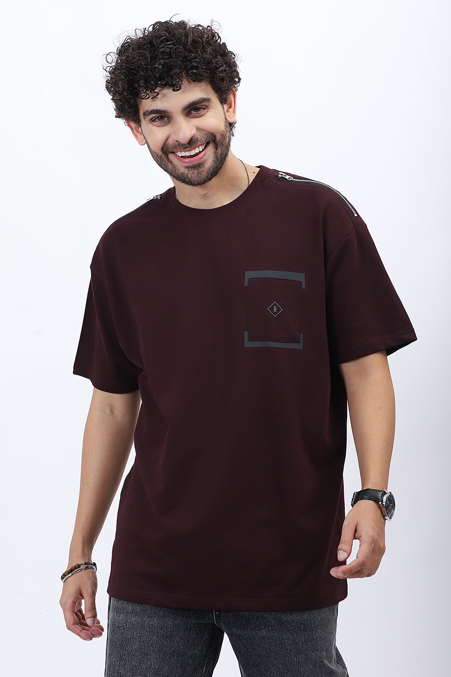Premium Loop Knit T-Shirt in Maroon with Modern Chest Print