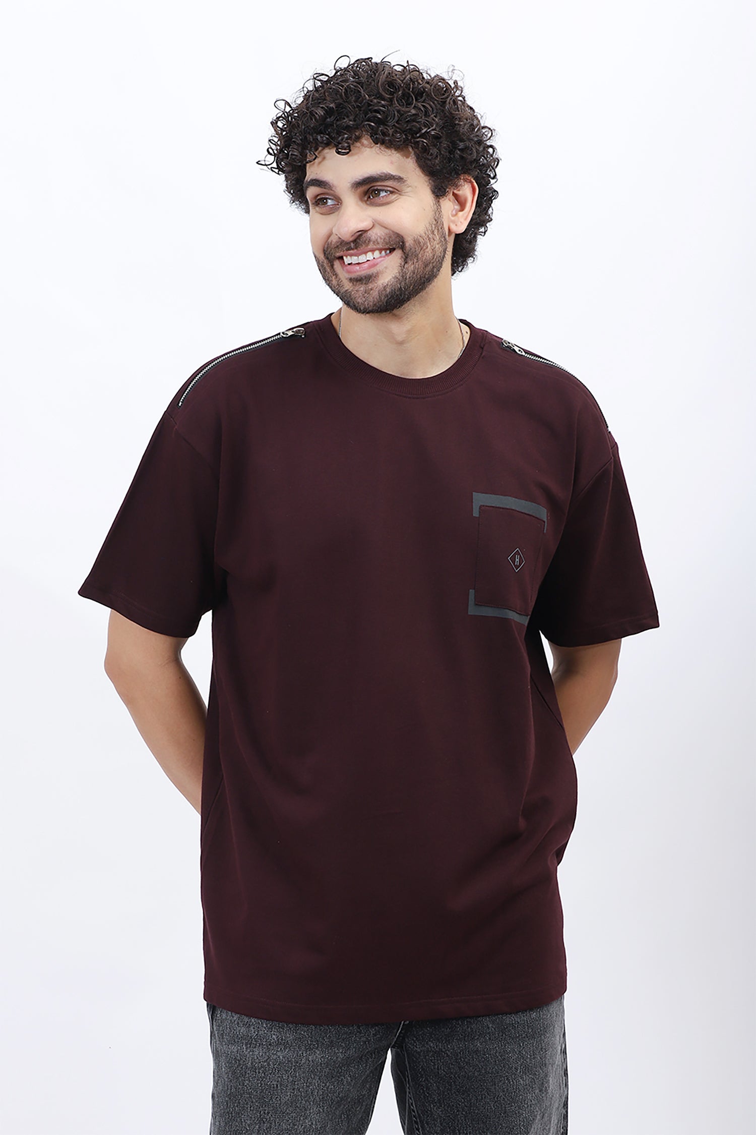 Premium Loop Knit T-Shirt in Maroon with Modern Chest Print
