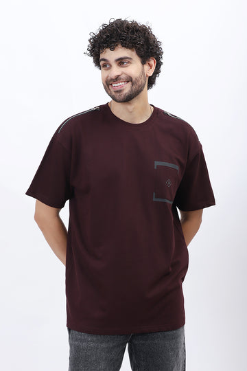 Premium Loop Knit T-Shirt in Maroon with Modern Chest Print