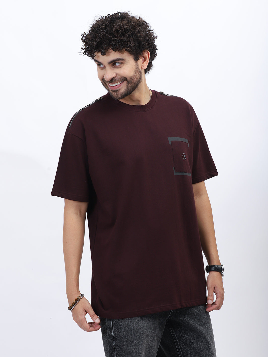 Premium Loop Knit T-Shirt in Maroon with Modern Chest Print