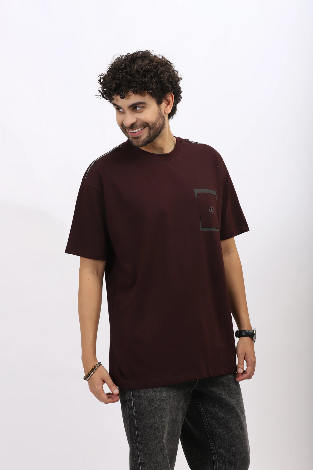 Premium Loop Knit T-Shirt In Maroon With Modern Chest Print