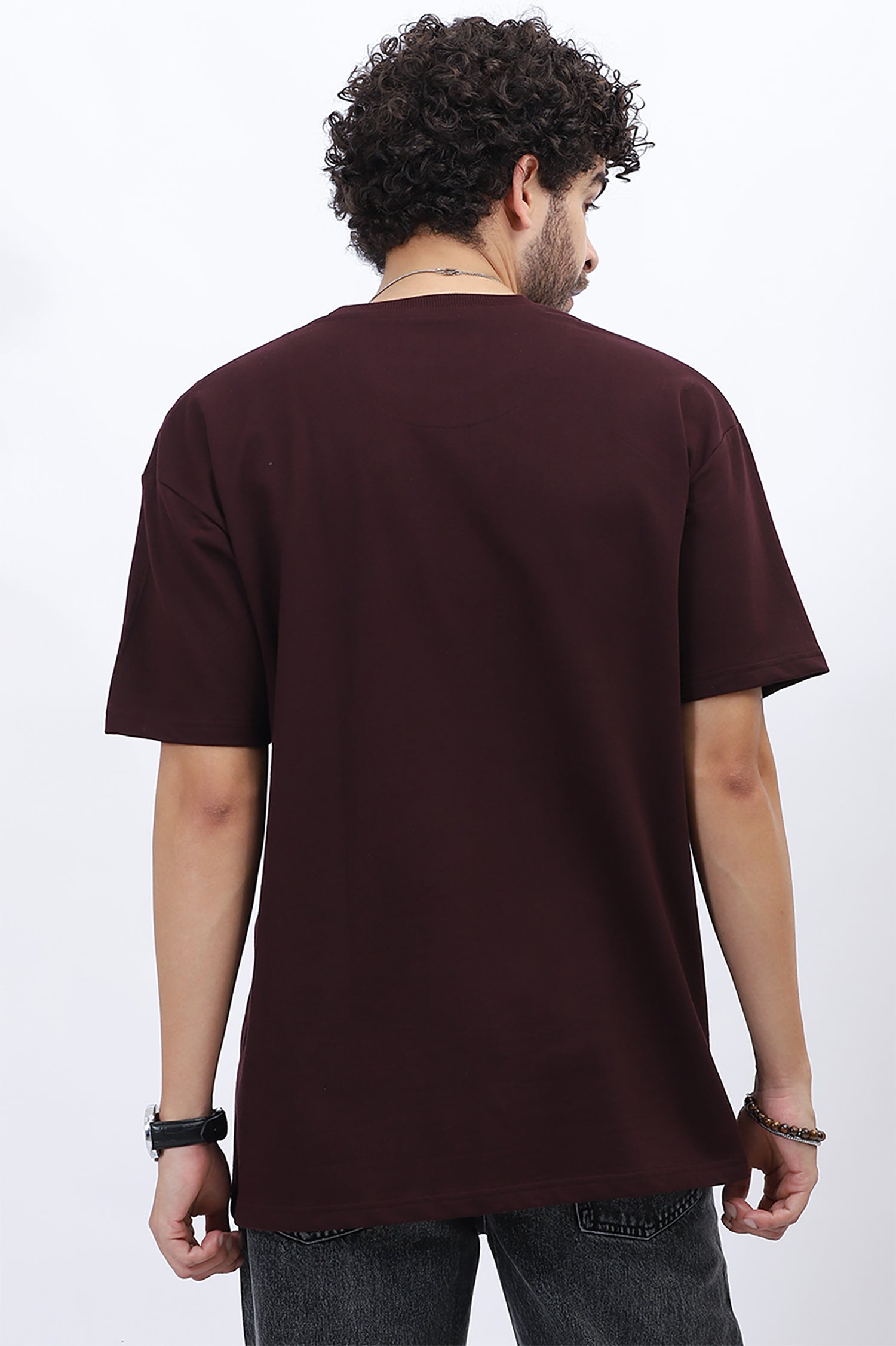 Premium Loop Knit T-Shirt in Maroon with Modern Chest Print