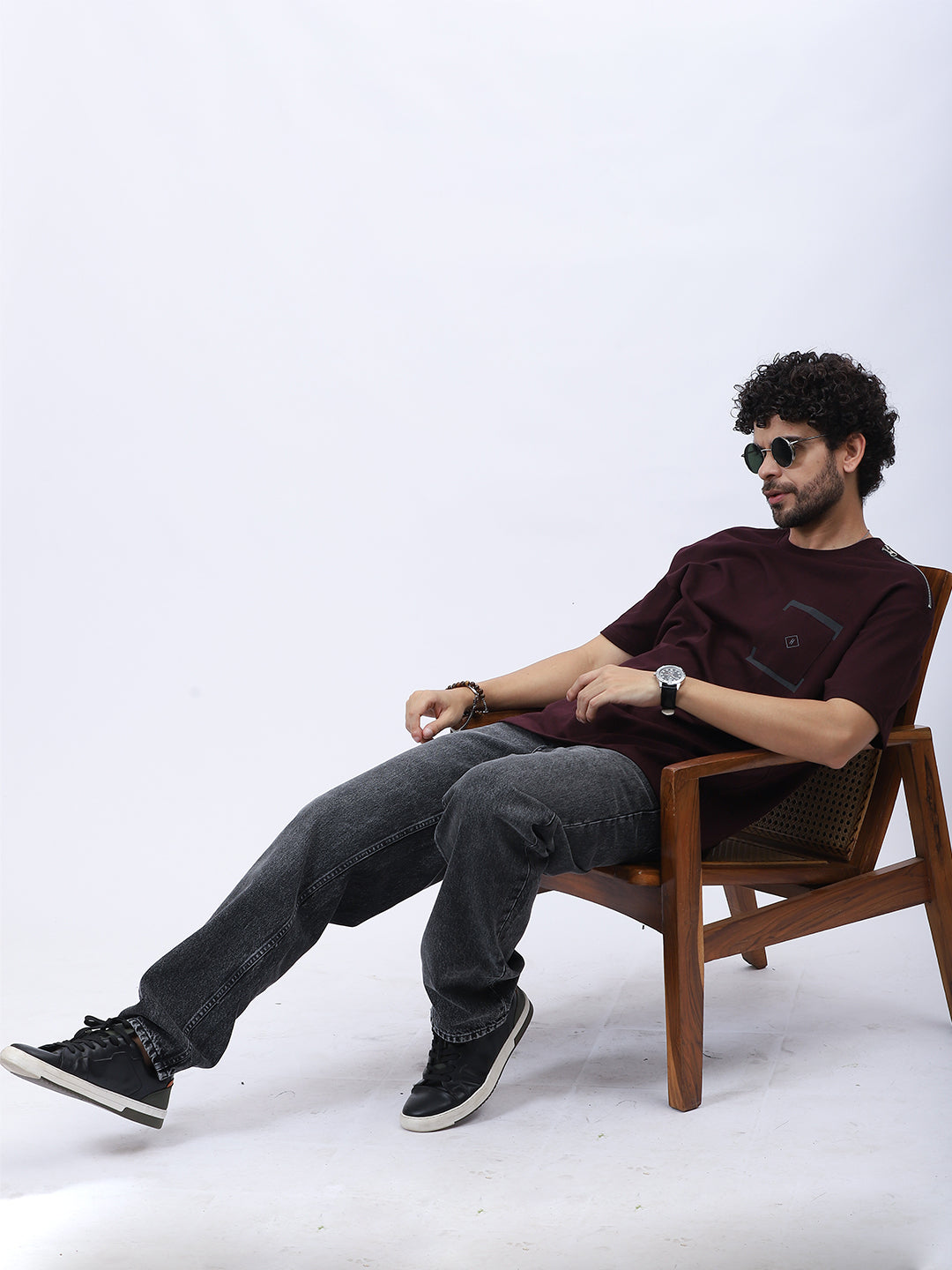 Premium Loop Knit T-Shirt in Maroon with Modern Chest Print