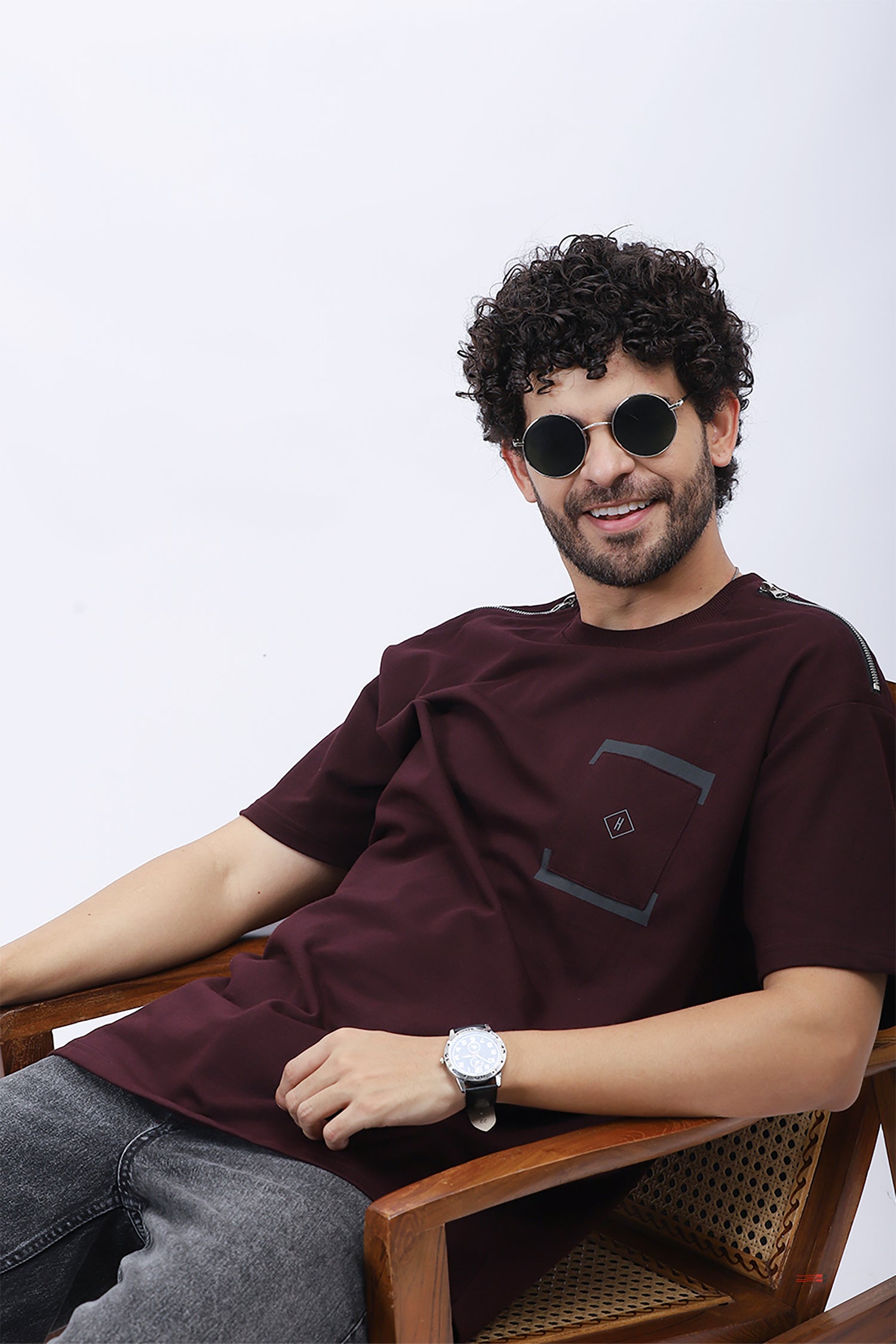 Premium Loop Knit T-Shirt in Maroon with Modern Chest Print