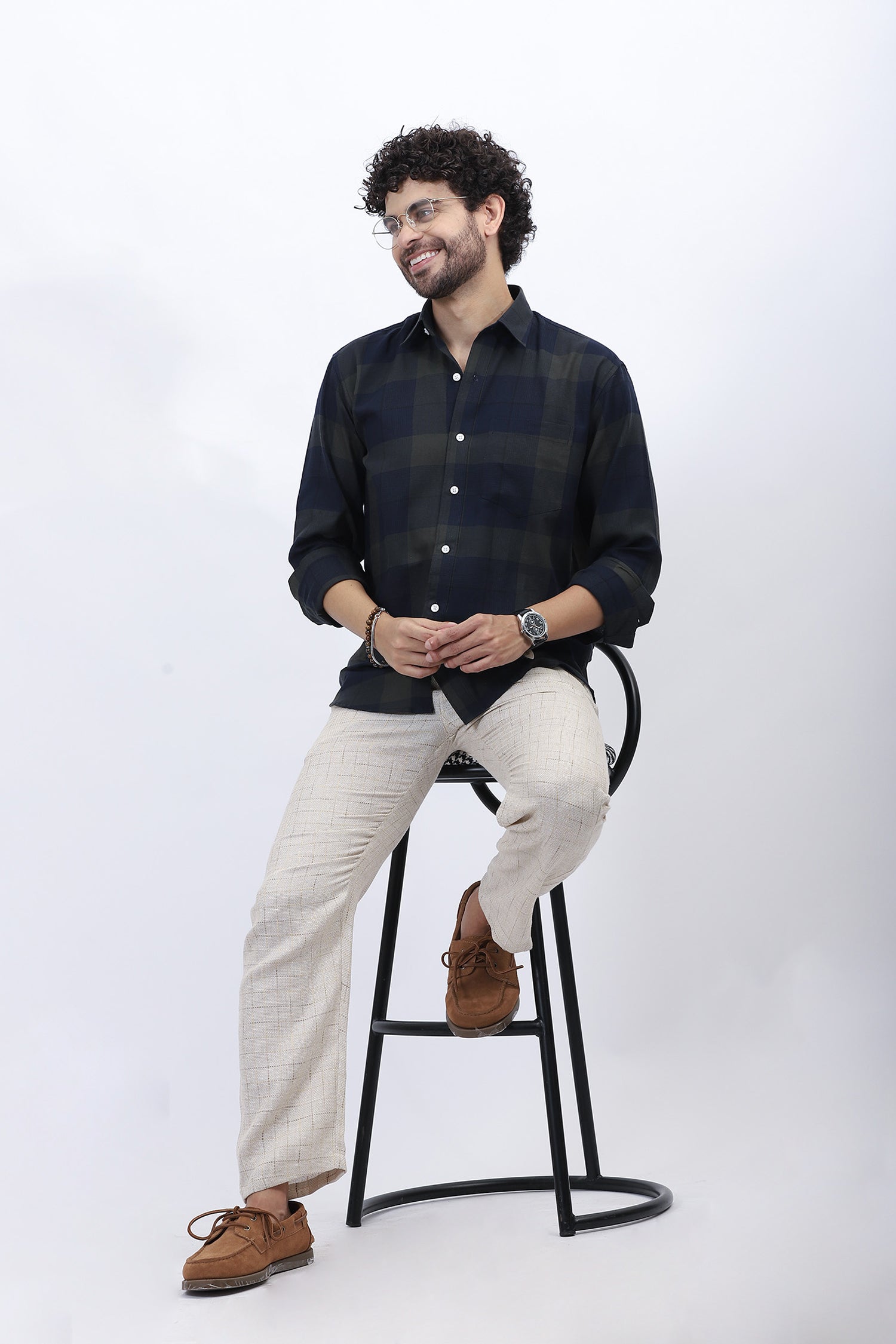 Beige Textured Weave Straight-Fit Trousers