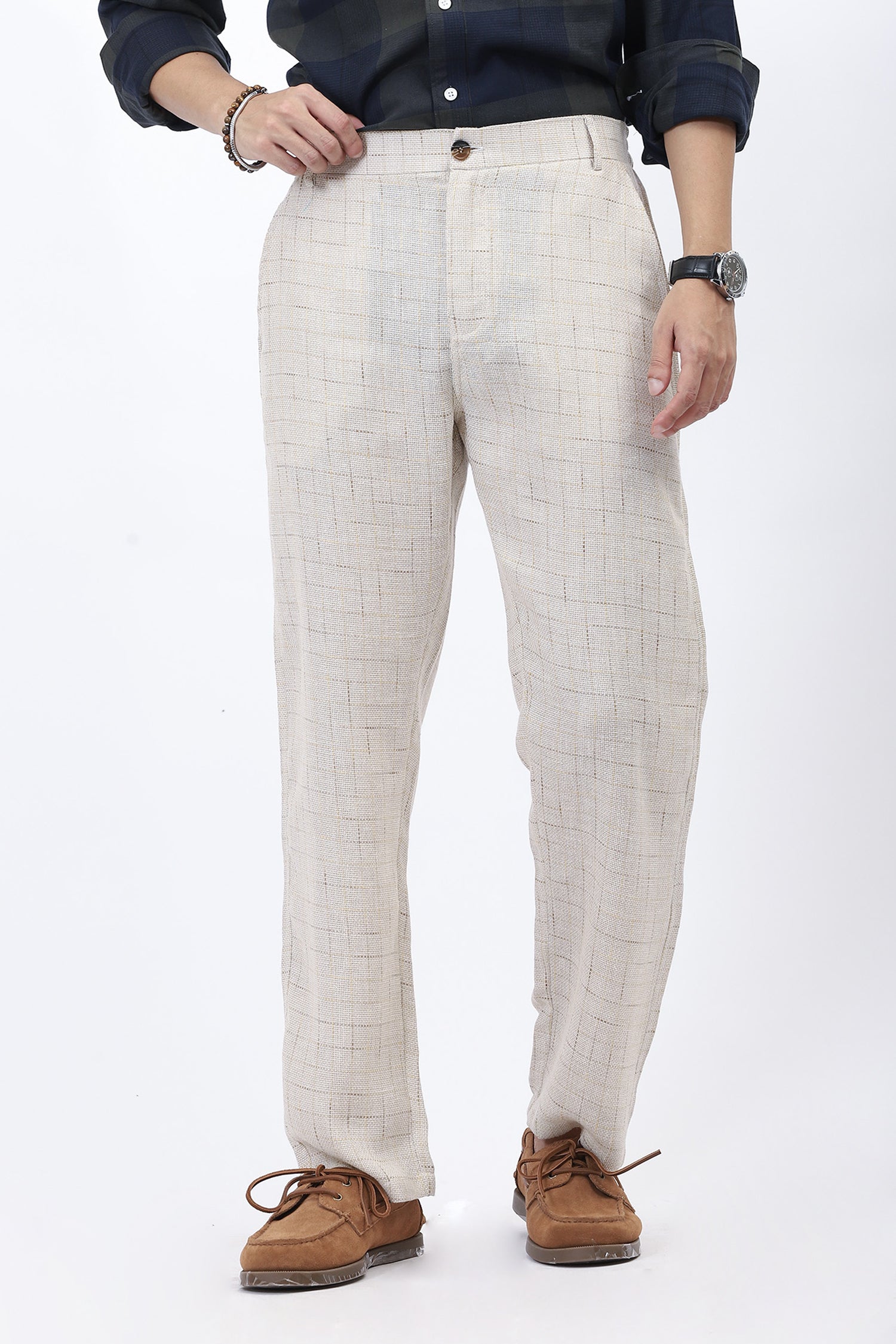 Beige Textured Weave Straight-Fit Trousers