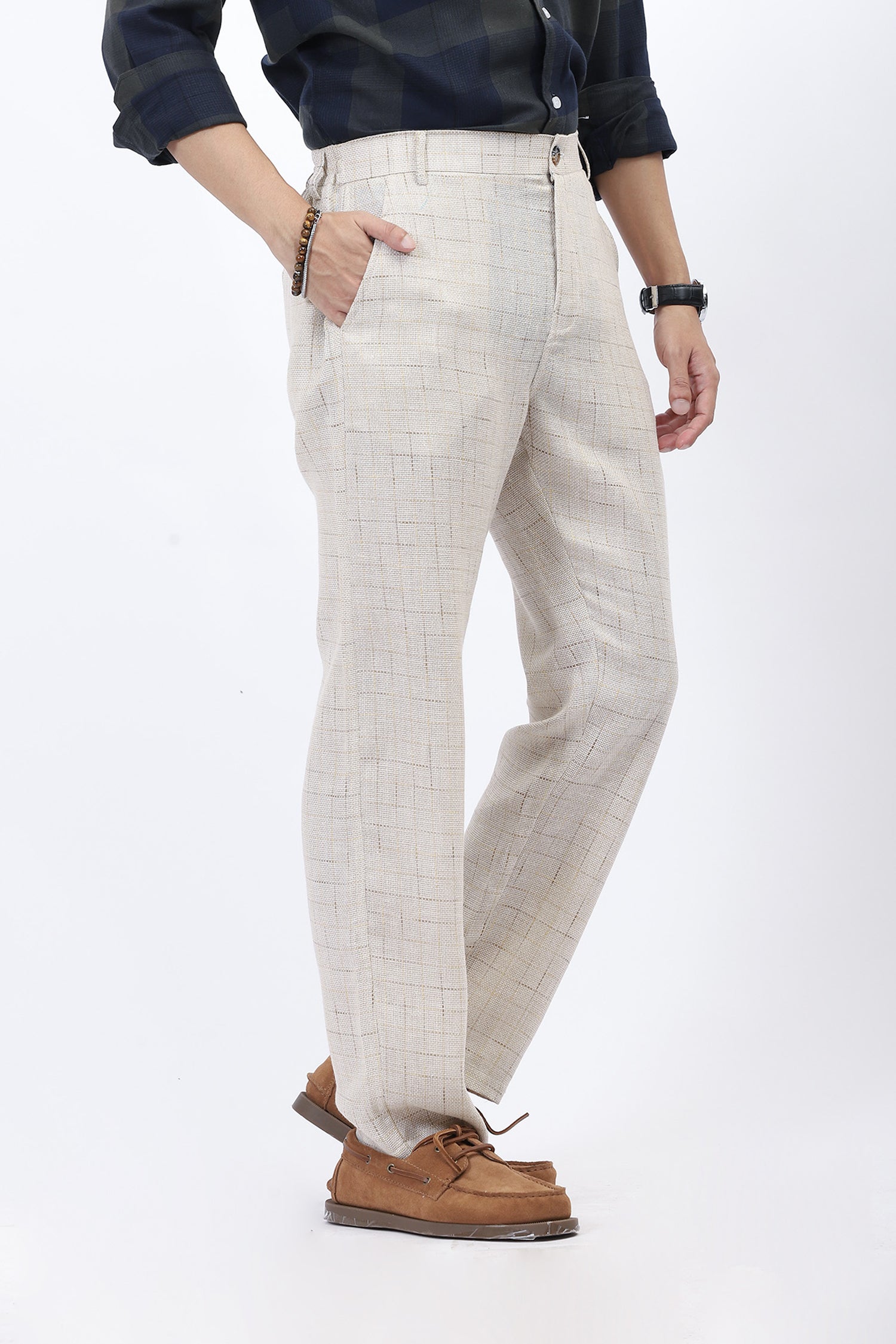 Beige Textured Weave Straight-Fit Trousers