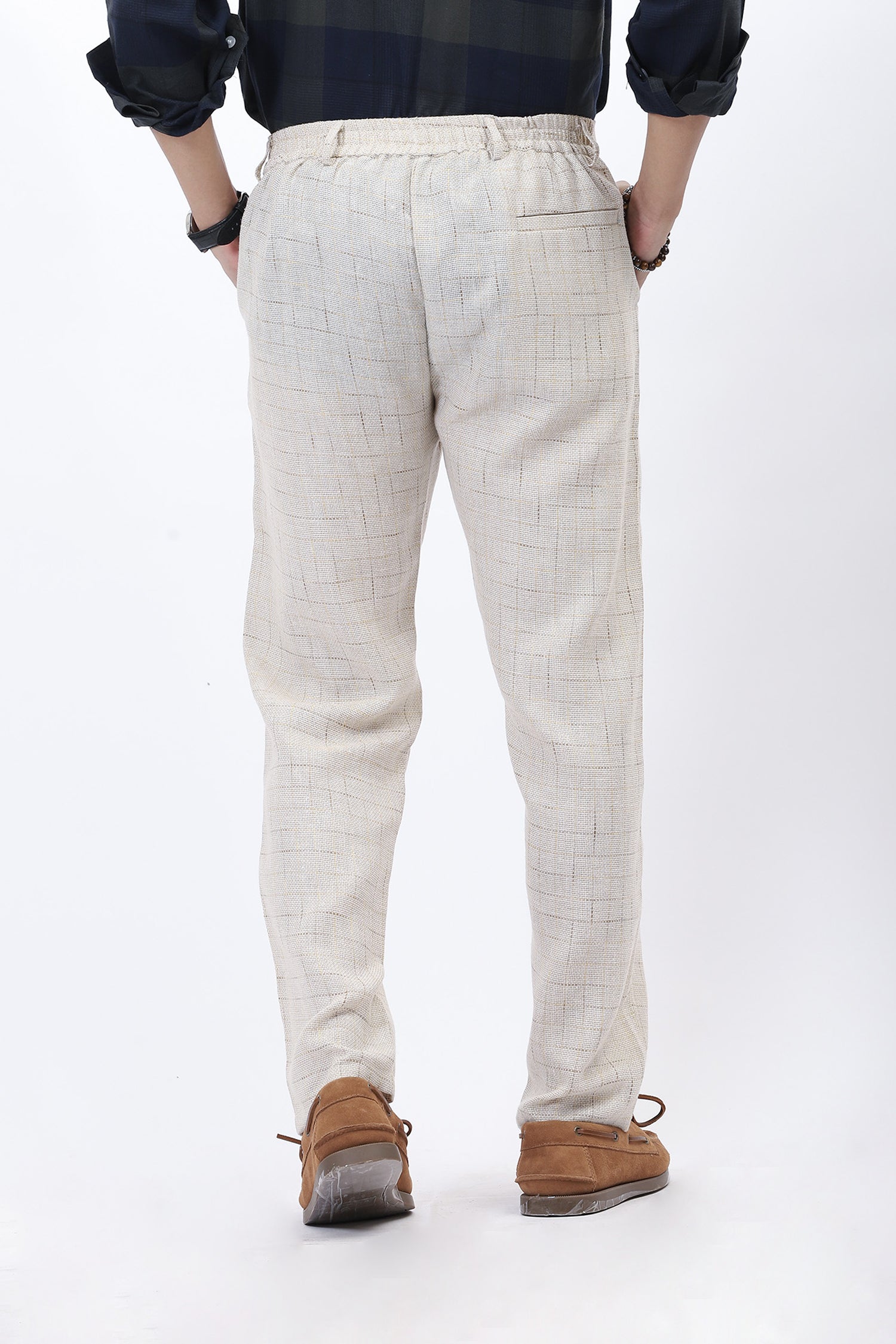 Beige Textured Weave Straight-Fit Trousers