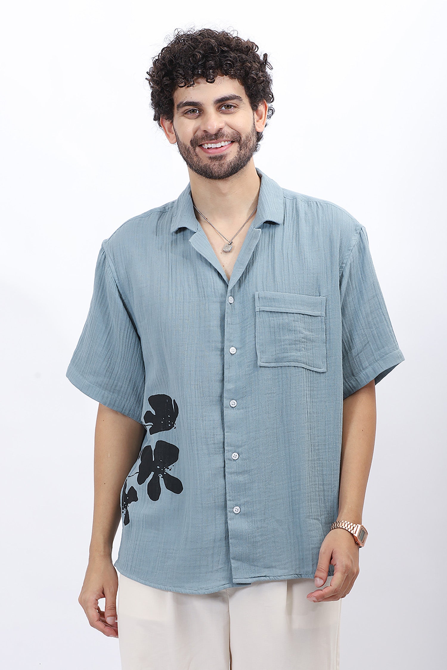 Wrinkled Crepe Flower Print Shirt