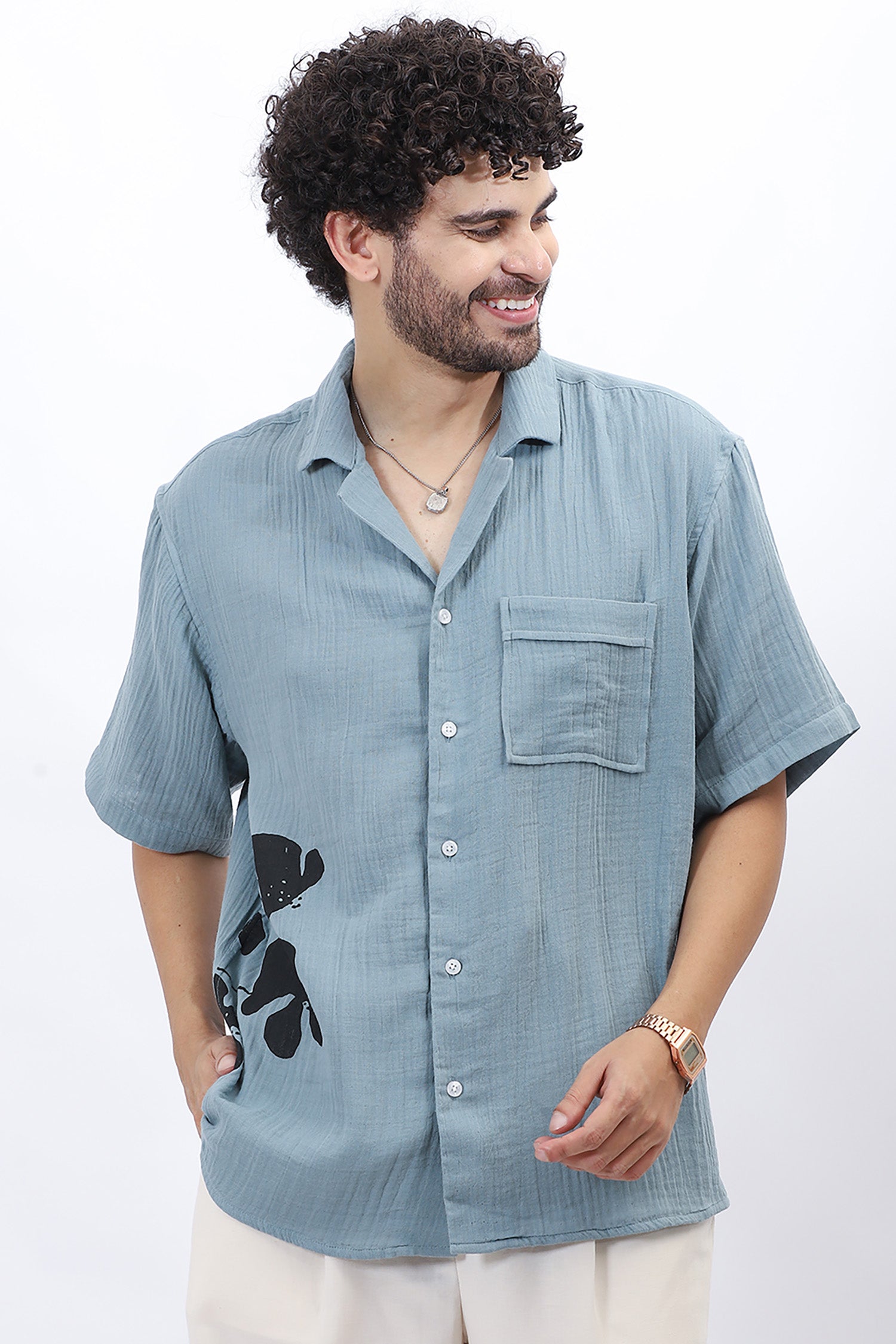 Wrinkled Crepe Flower Print Shirt