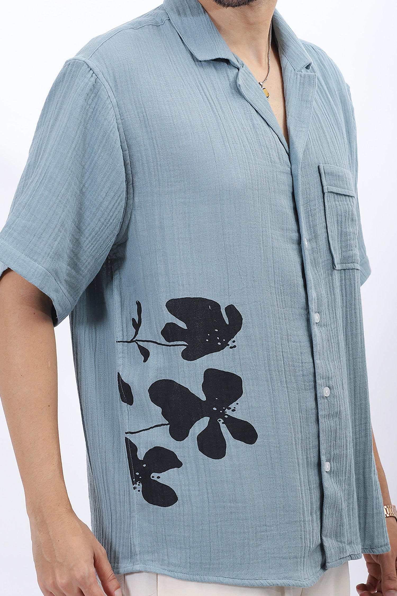 Wrinkled Crepe Flower Print Shirt