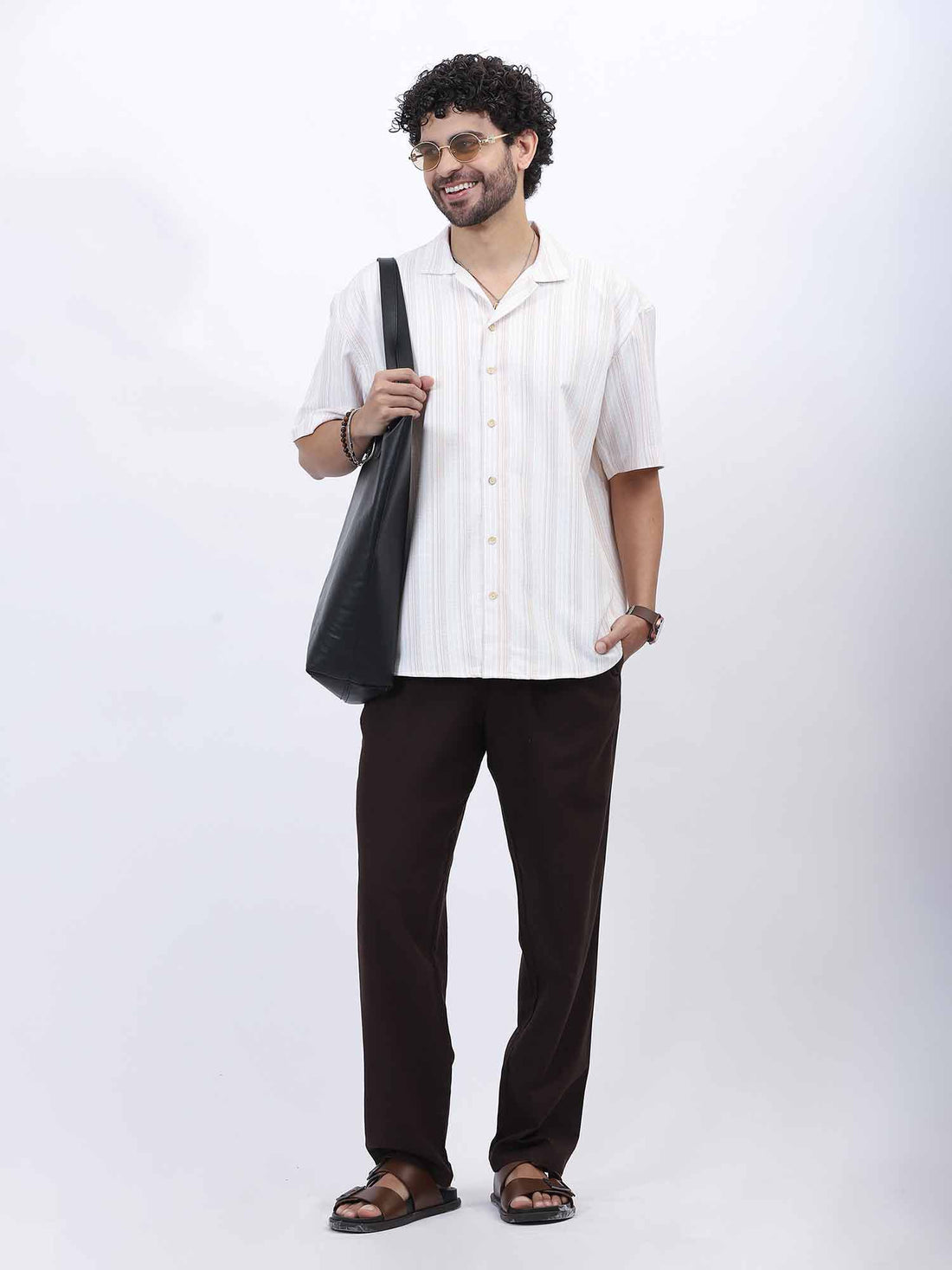 Men'S Beige Stripe Drop Shoulder Shirt