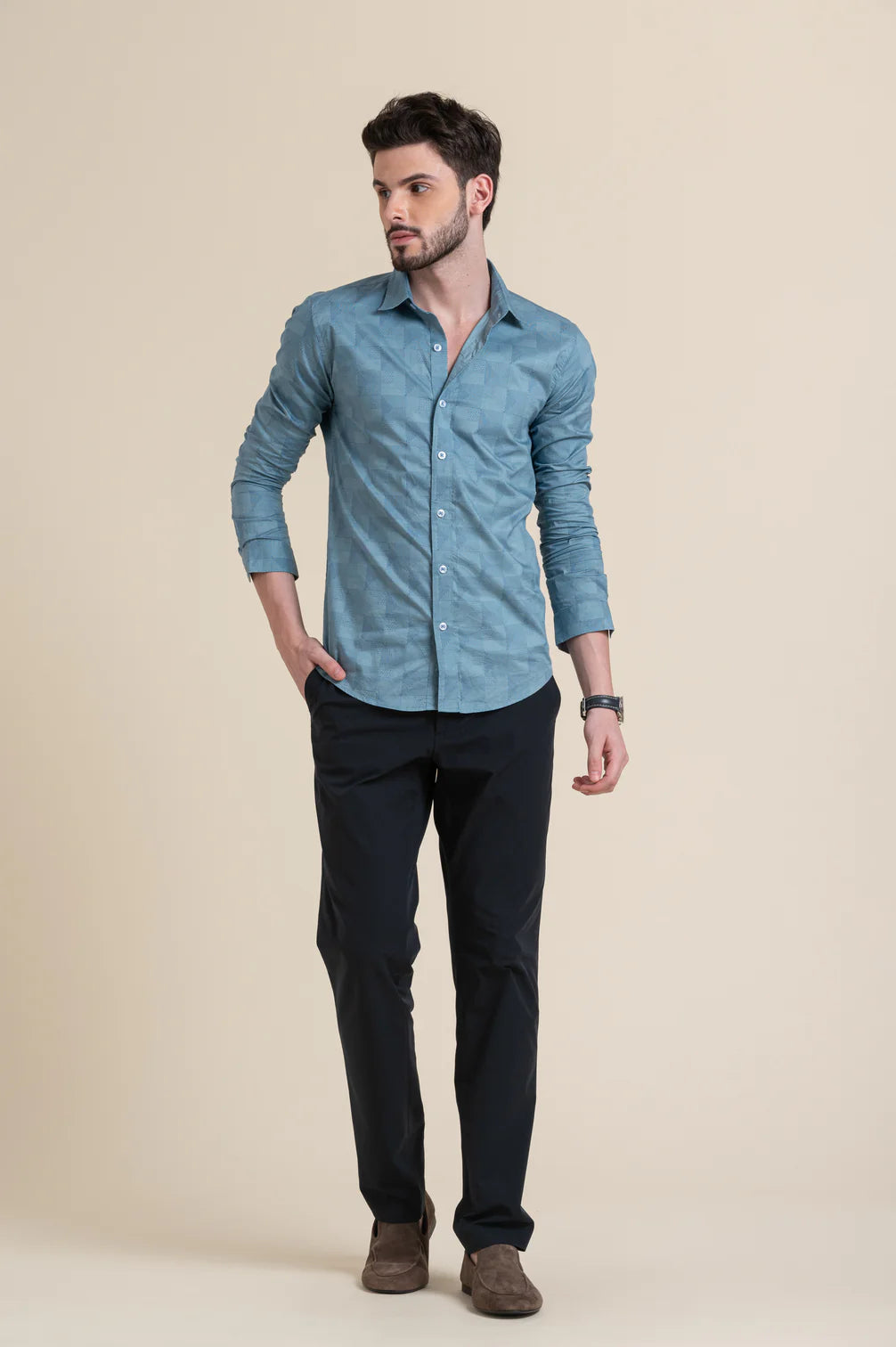 Slim Fit Teal Blue Textured Formal Shirt