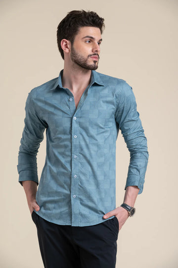 Slim Fit Teal Blue Textured Formal Shirt
