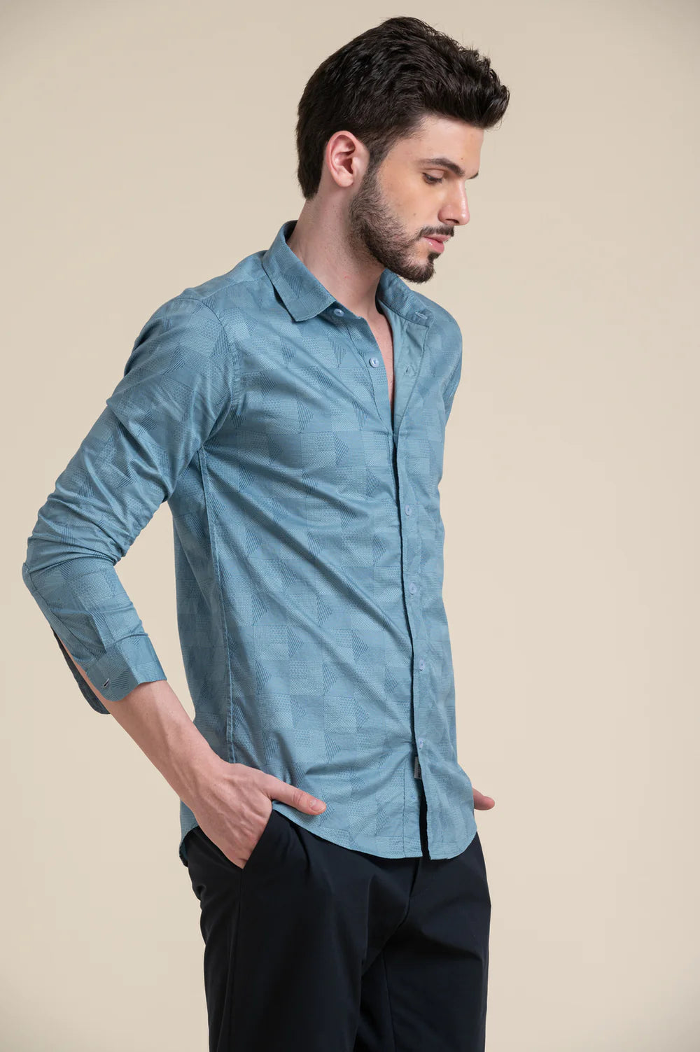 Slim Fit Teal Blue Textured Formal Shirt
