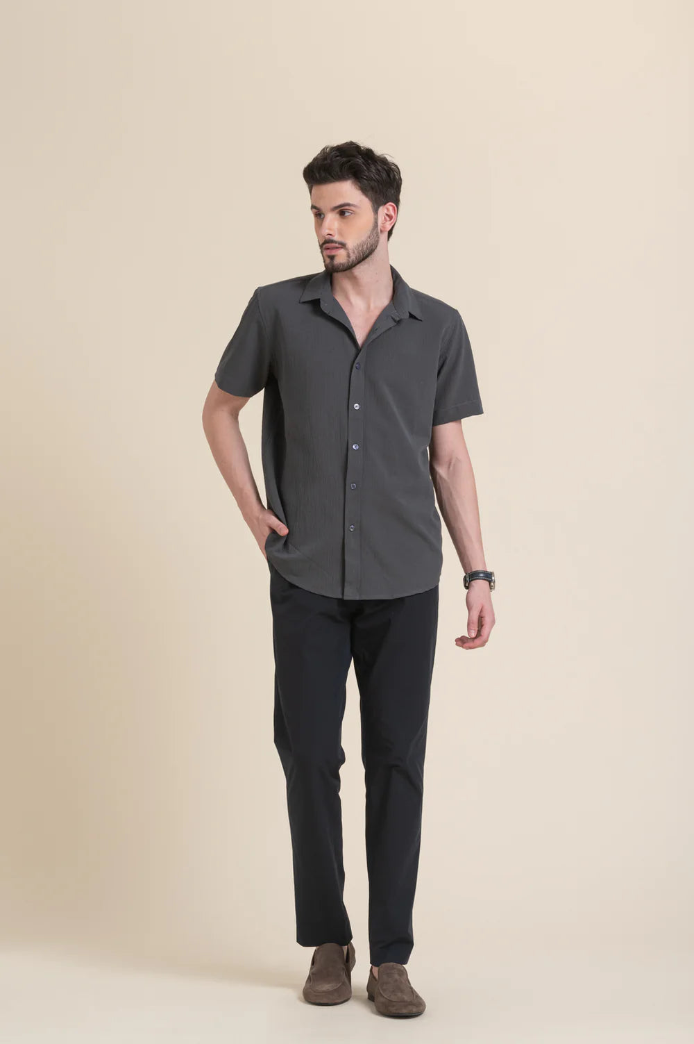 Charcoal Grey Textured Short Sleeve Shirt