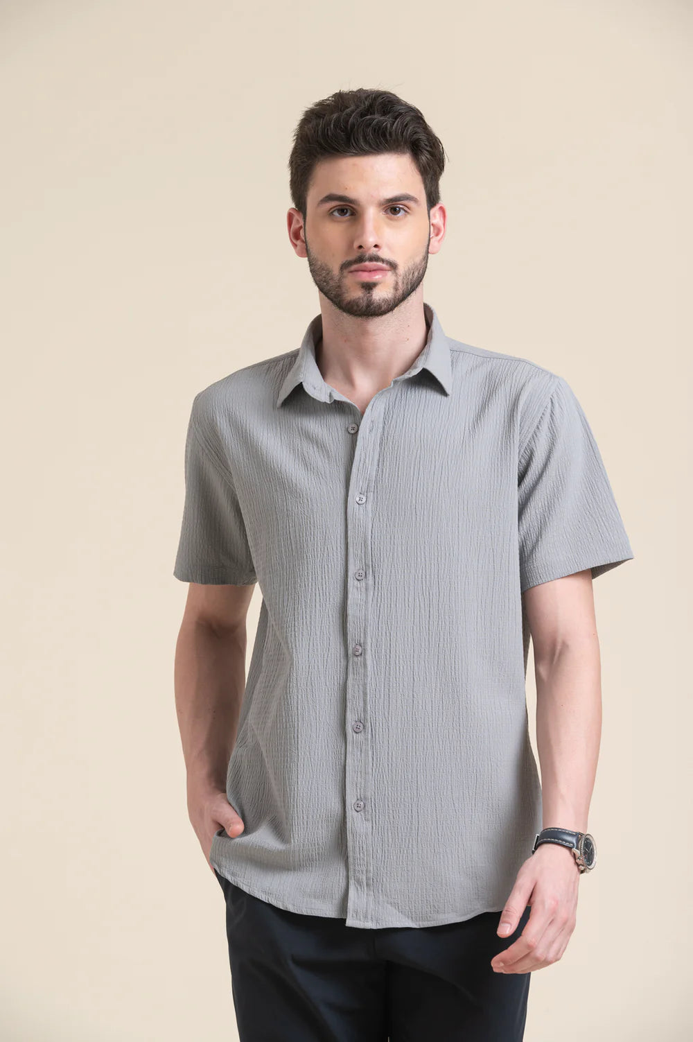 Grey Textured Slim Fit Short Sleeve Shirt