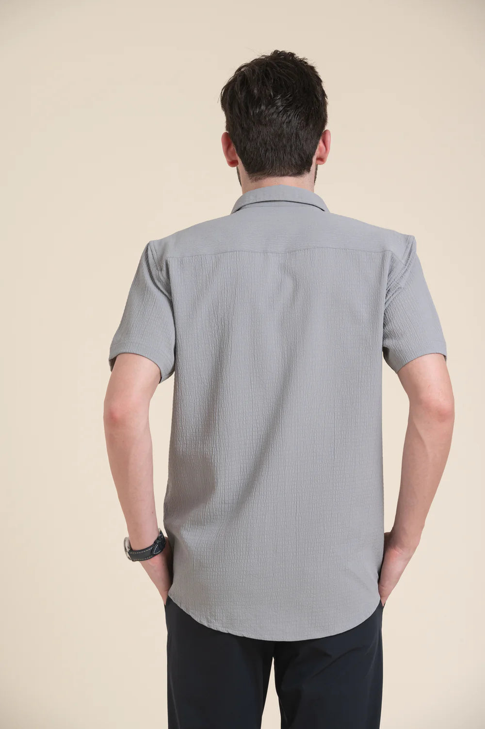 Grey Textured Slim Fit Short Sleeve Shirt